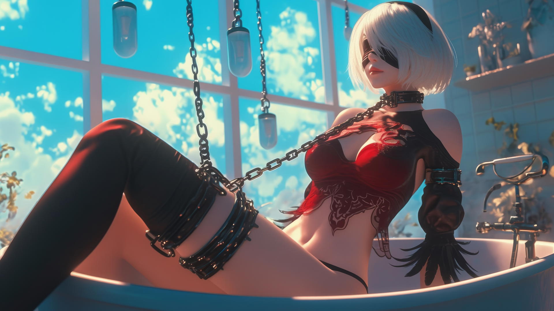 2B from Nier with neck locked in thick iron chains, wearing all red in a modern apartment tub.