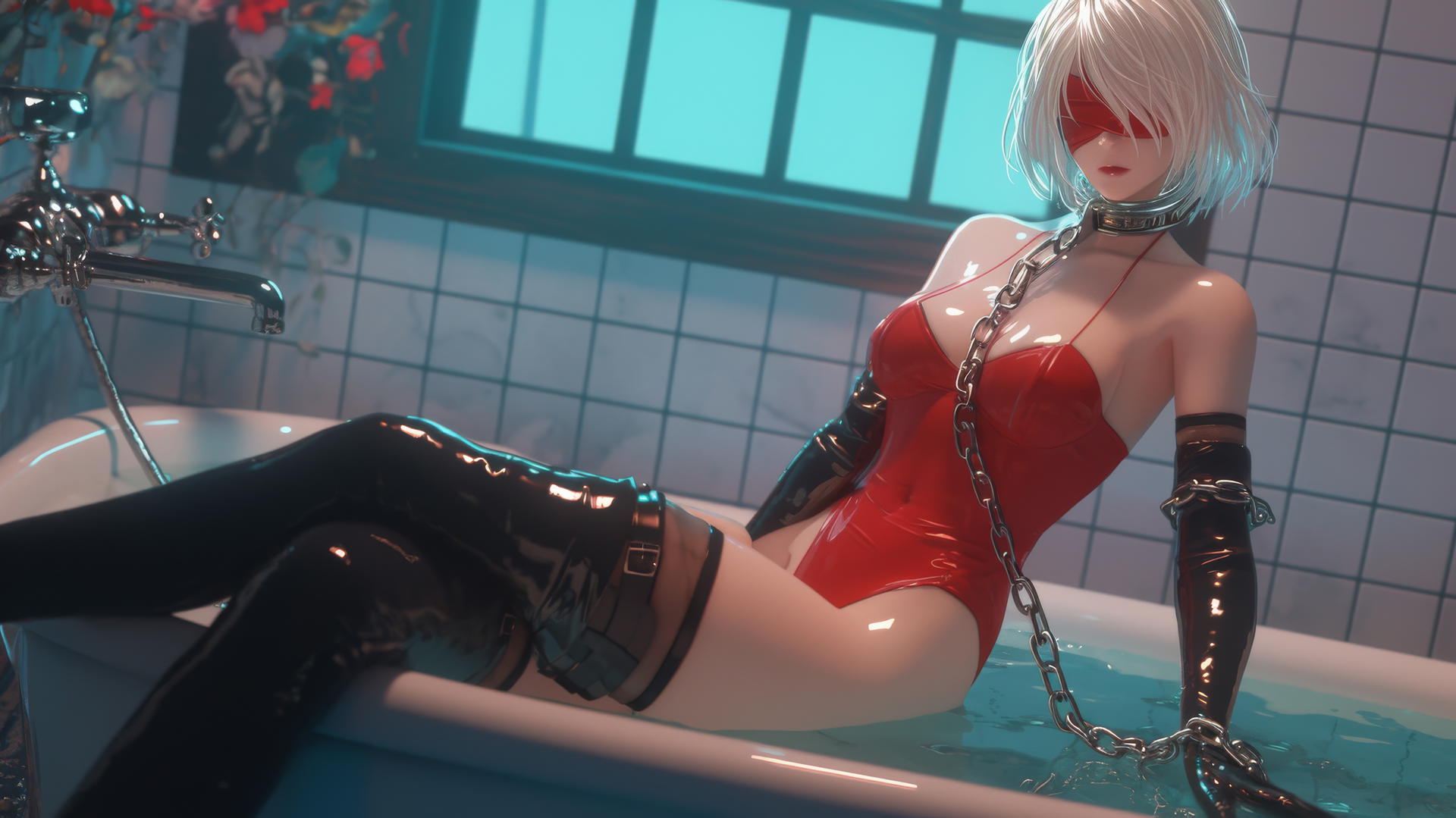 2B from Nier with red blindfold and iron chains in a modern apartment tub