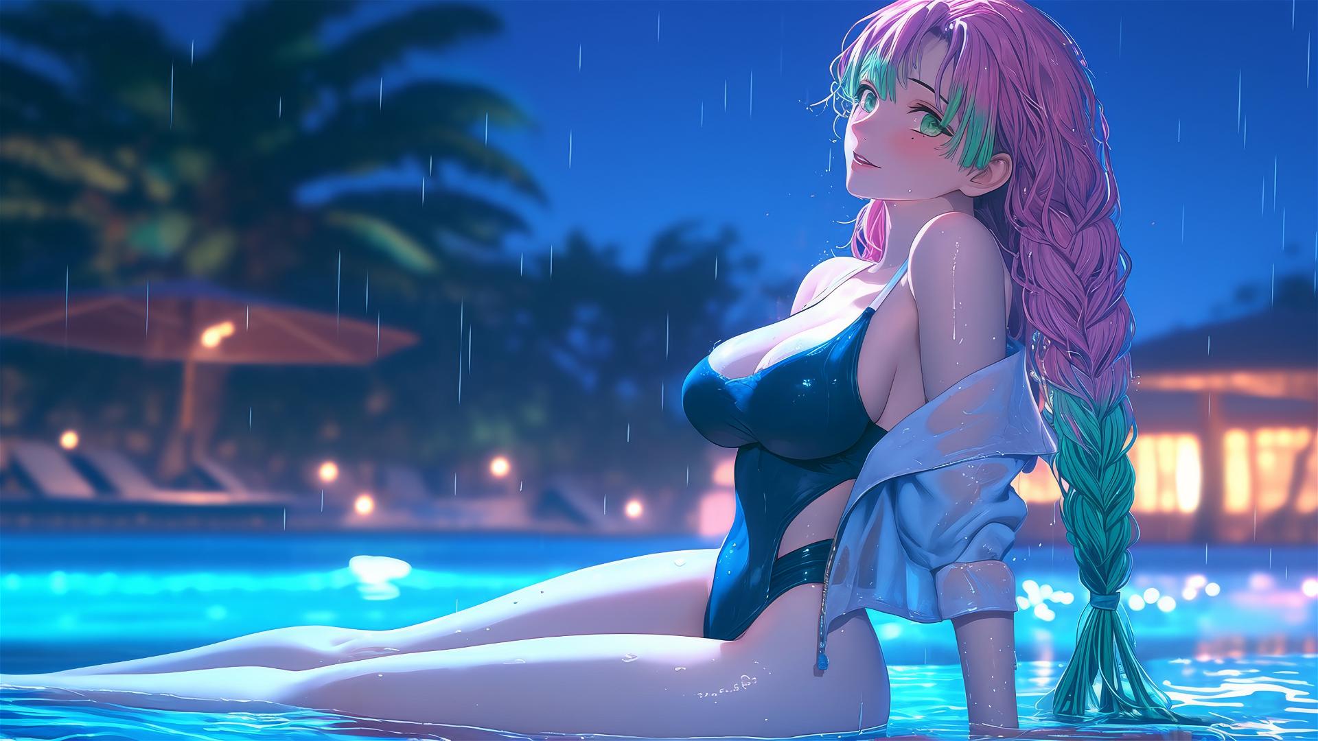 Mitsuri Kanroji from Demon Slayer resting by a rainy swimming pool under moonlight.