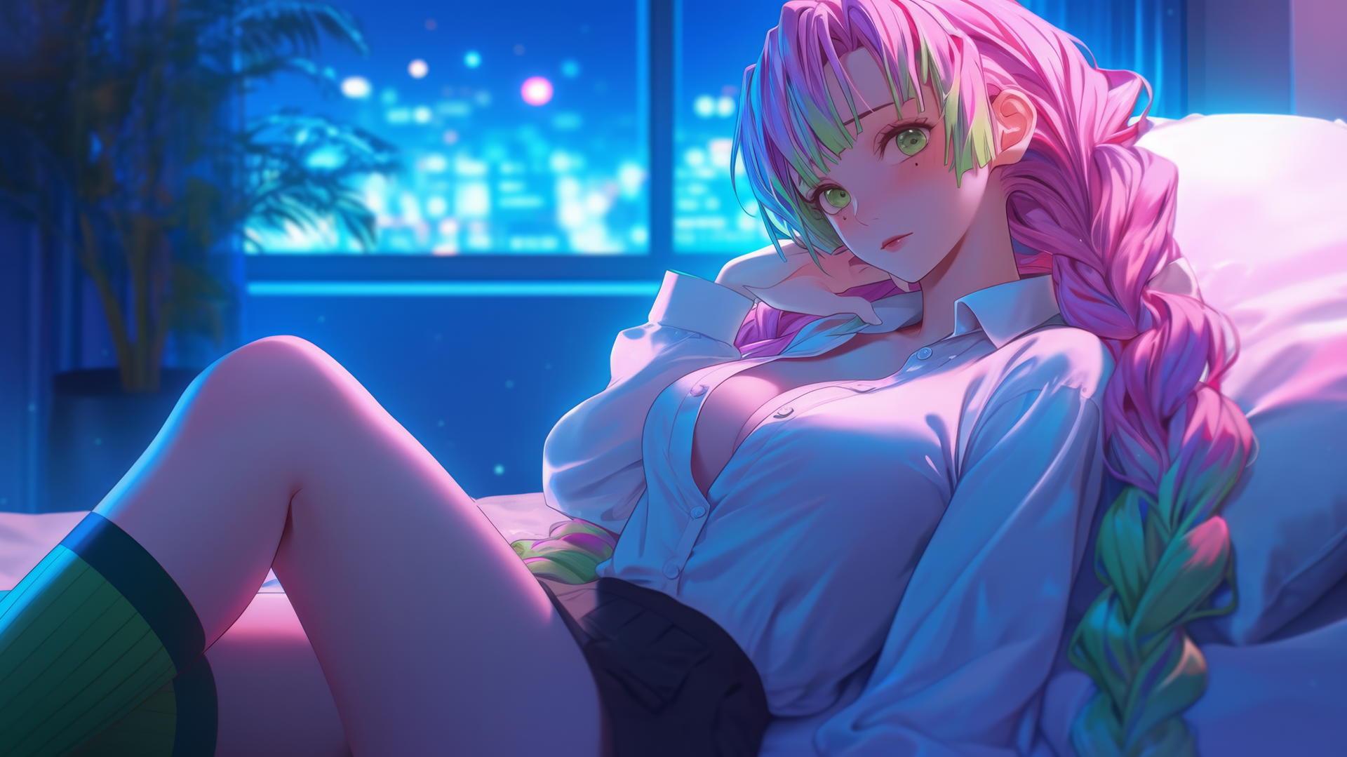 Mitsuri Kanroji resting in modern hotel room with moonlight glow
