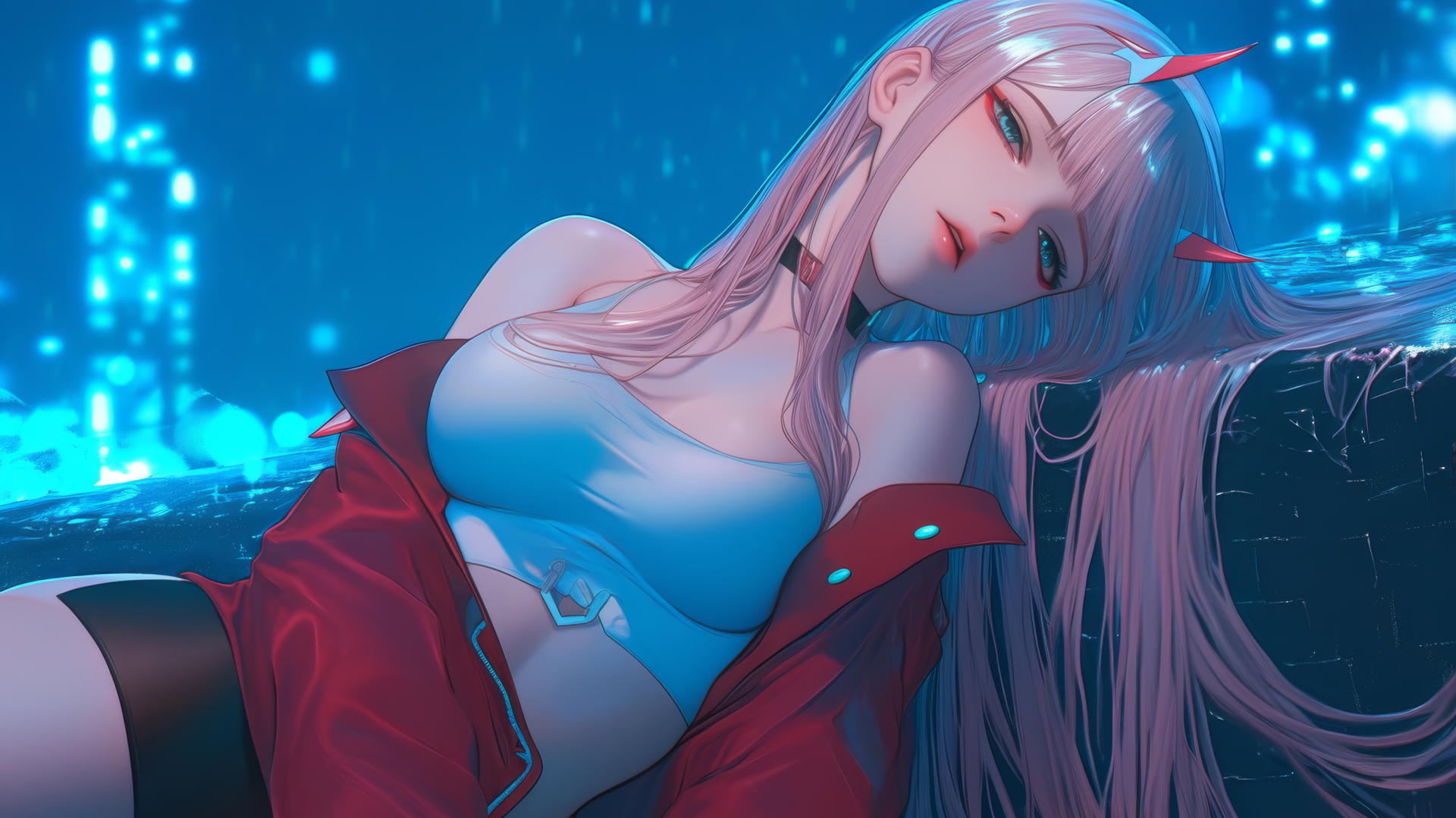 Zero Two from DARLING in the FRANXX resting by a rainy swimming pool, moonlit glow.
