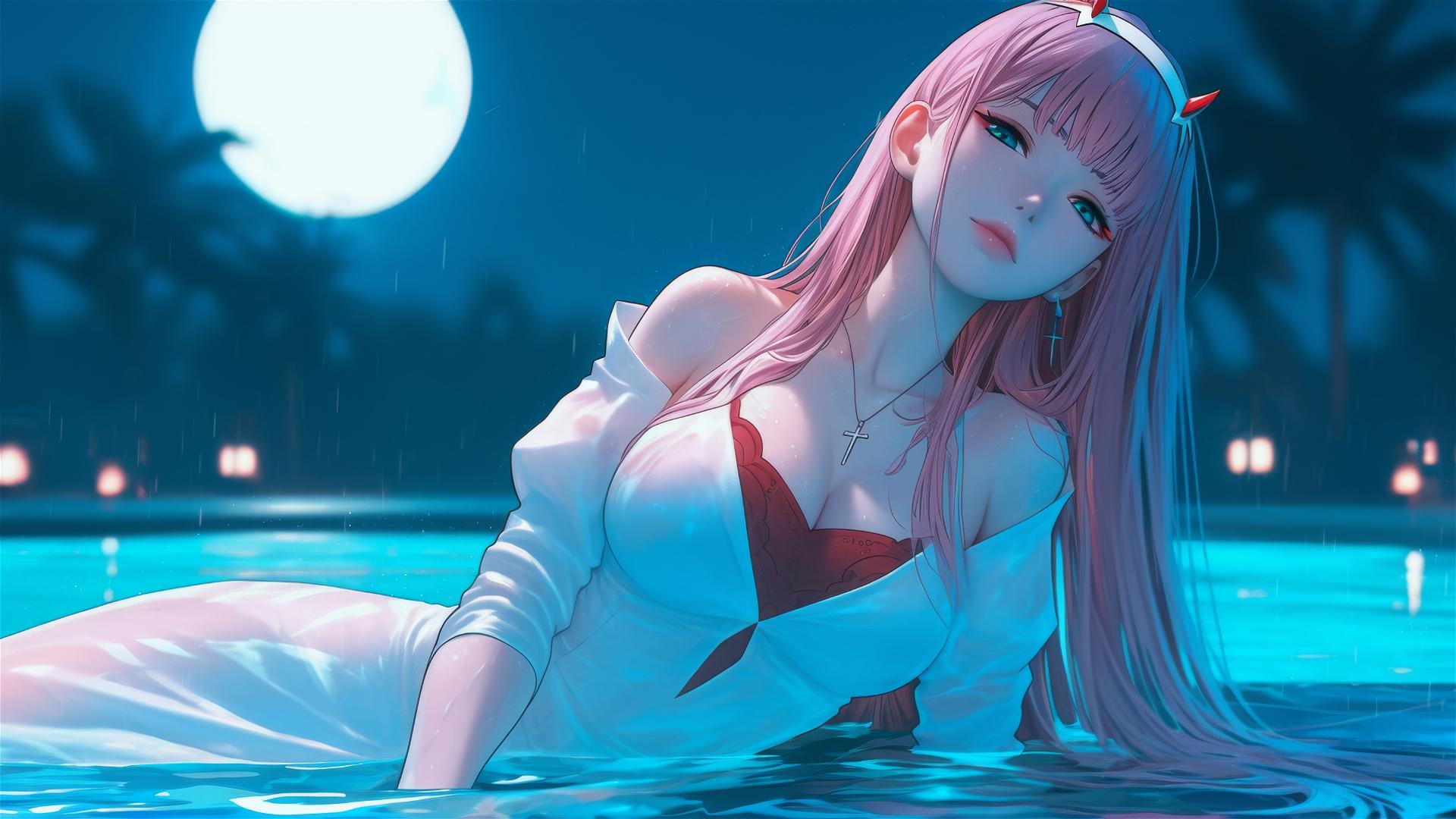 Zero Two from DARLING in the FRANXX resting by a rainy swimming pool with moonlight.