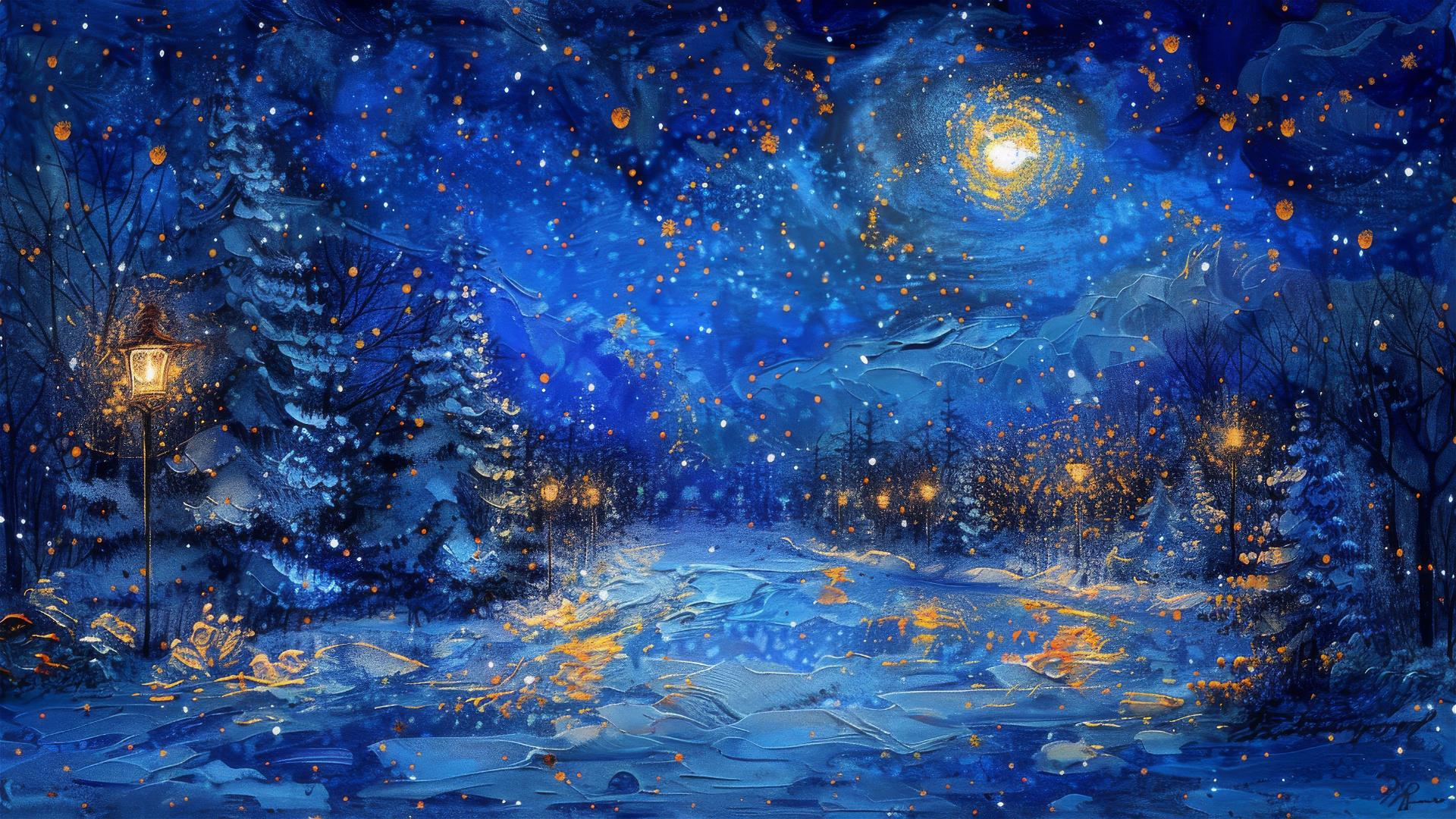 Starry night with light snowfall in stained glass style