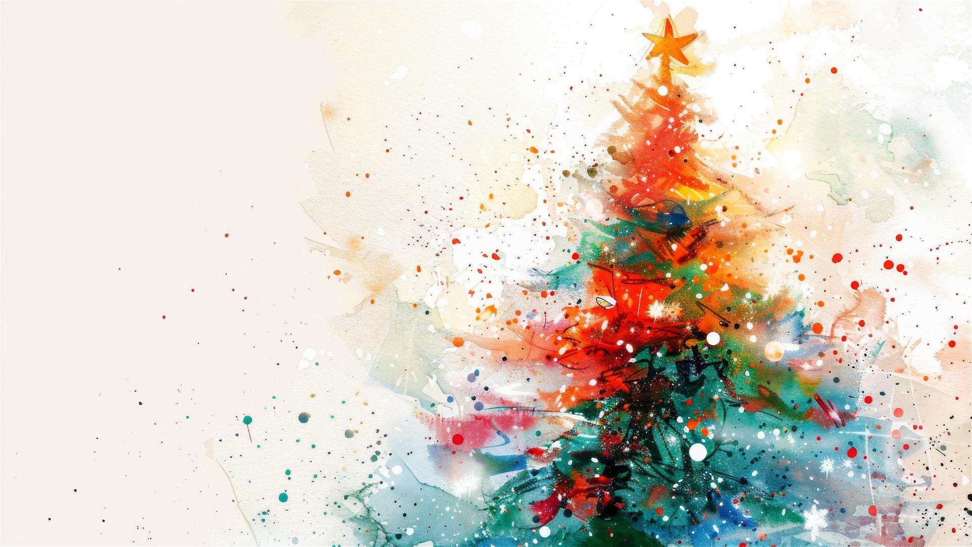 Watercolor brushstroke Christmas tree with bright lights and festive atmosphere.