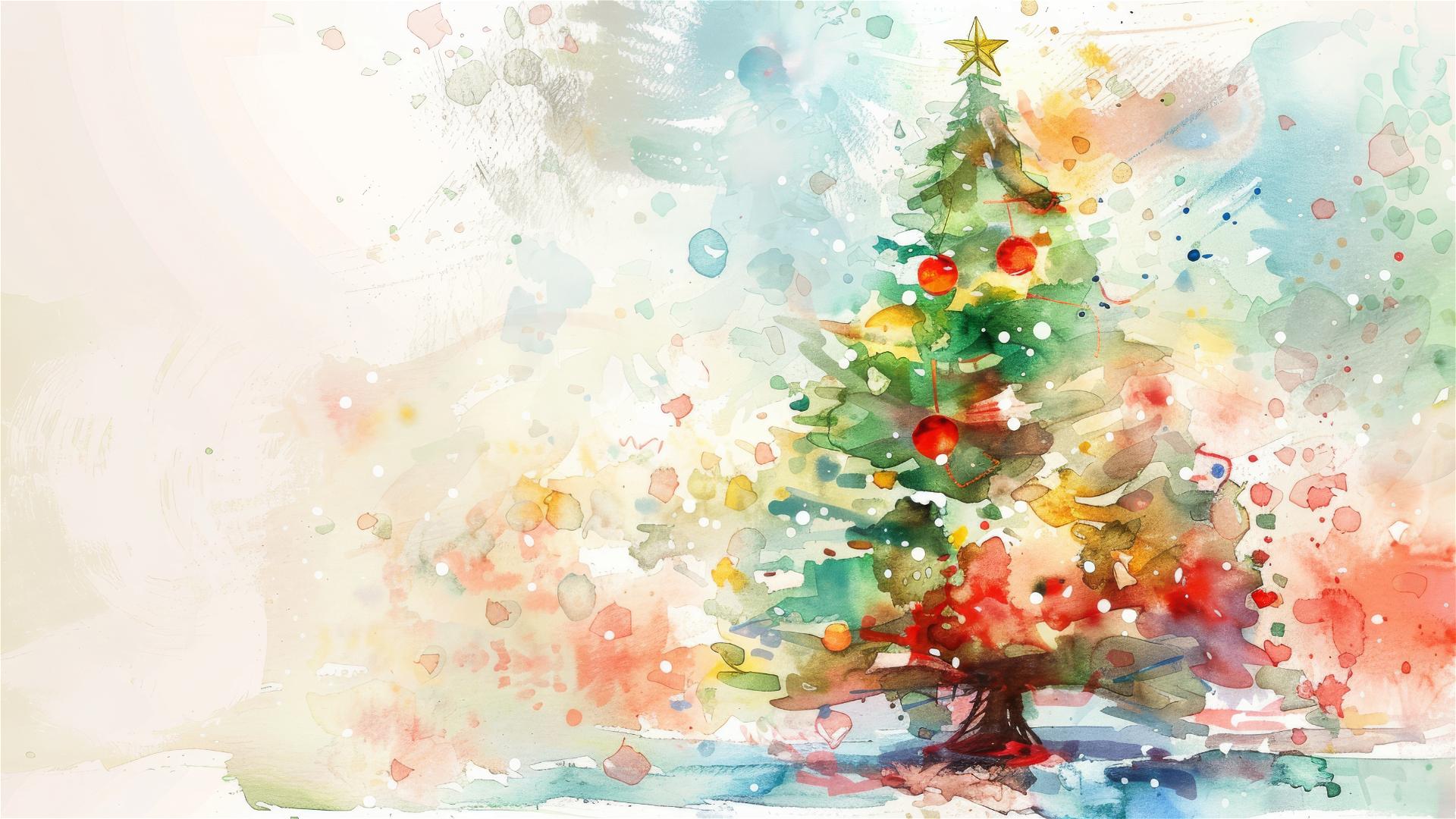 Abstract watercolor Christmas tree with bright, festive lights