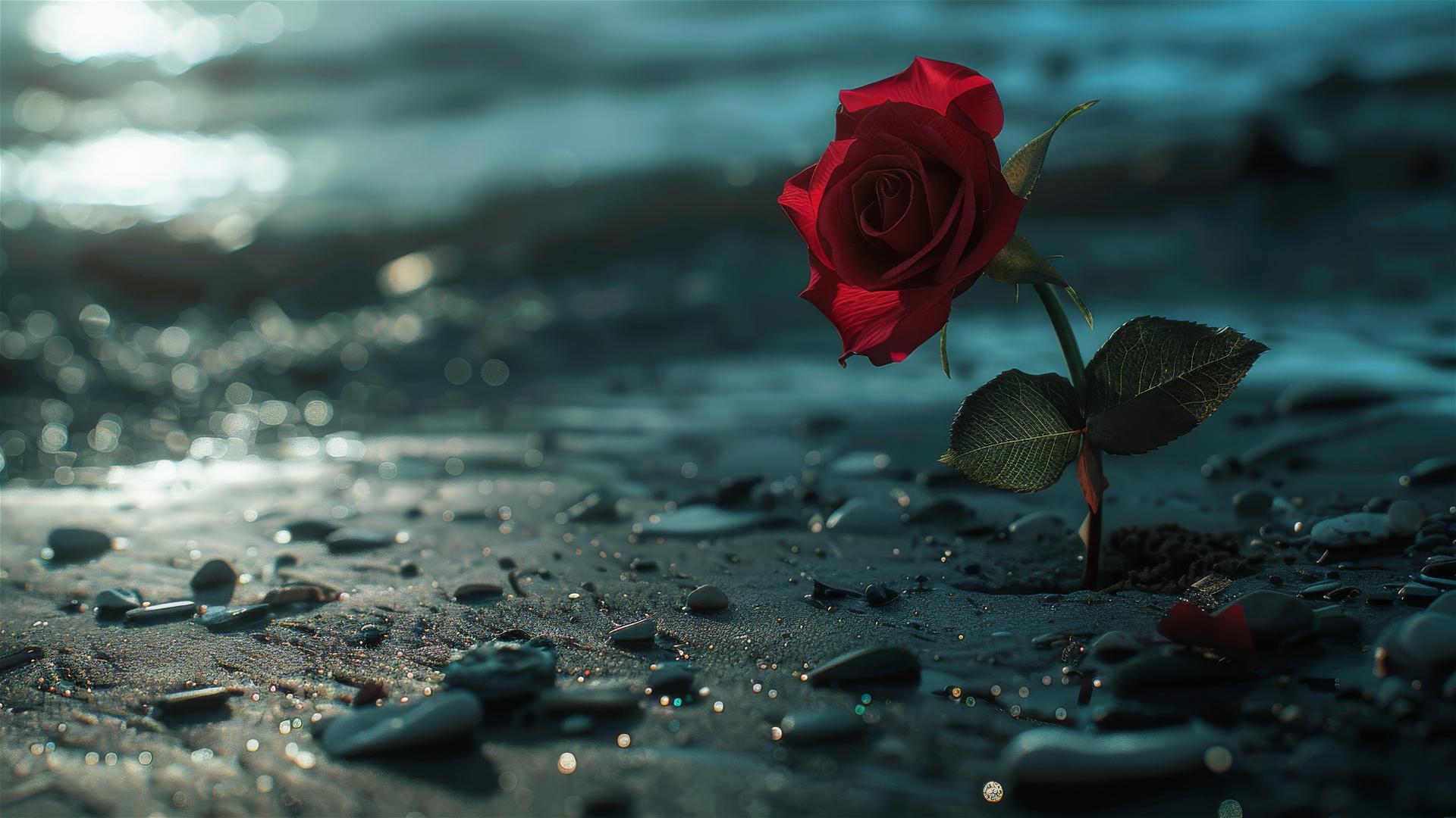 Nighttime beach with a rose flower on black sand, perspective view