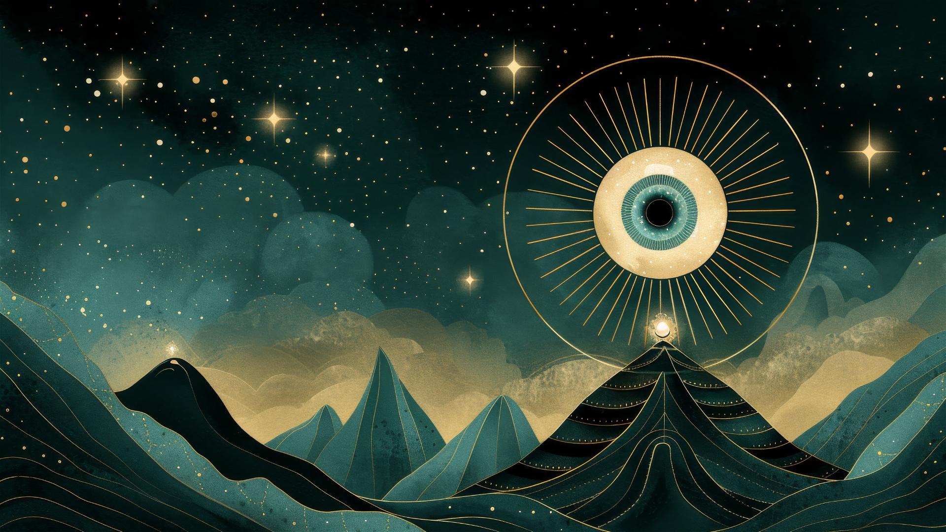 Klimt-inspired forest with hidden creatures under starry sunset