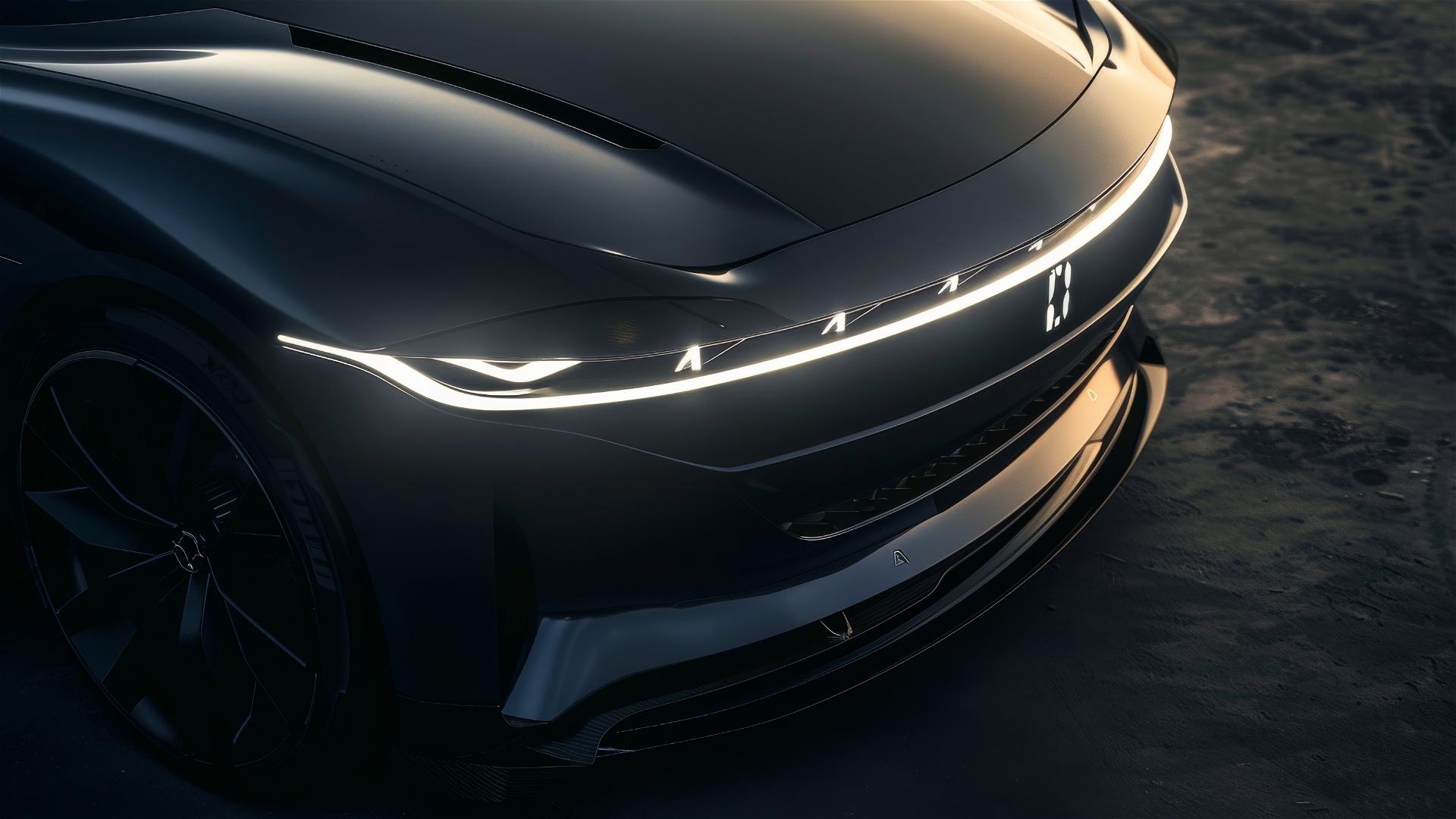 Close-up of electric coupe concept car's front end headlights with thin LED strip, black paint, and satin body color.