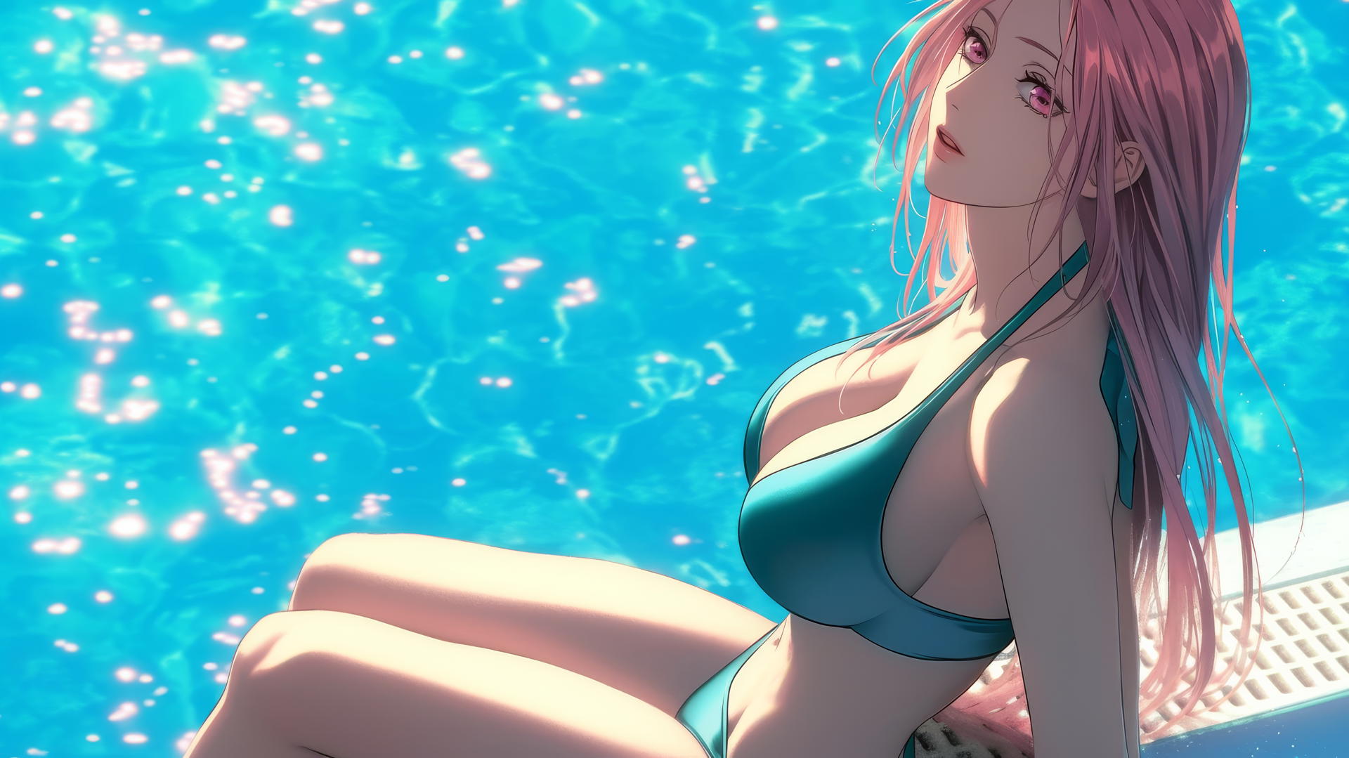Satsuki Momoi from Kuroko no Basuke resting at a sunny swimming pool with bright pink hair and dark pink eyes.