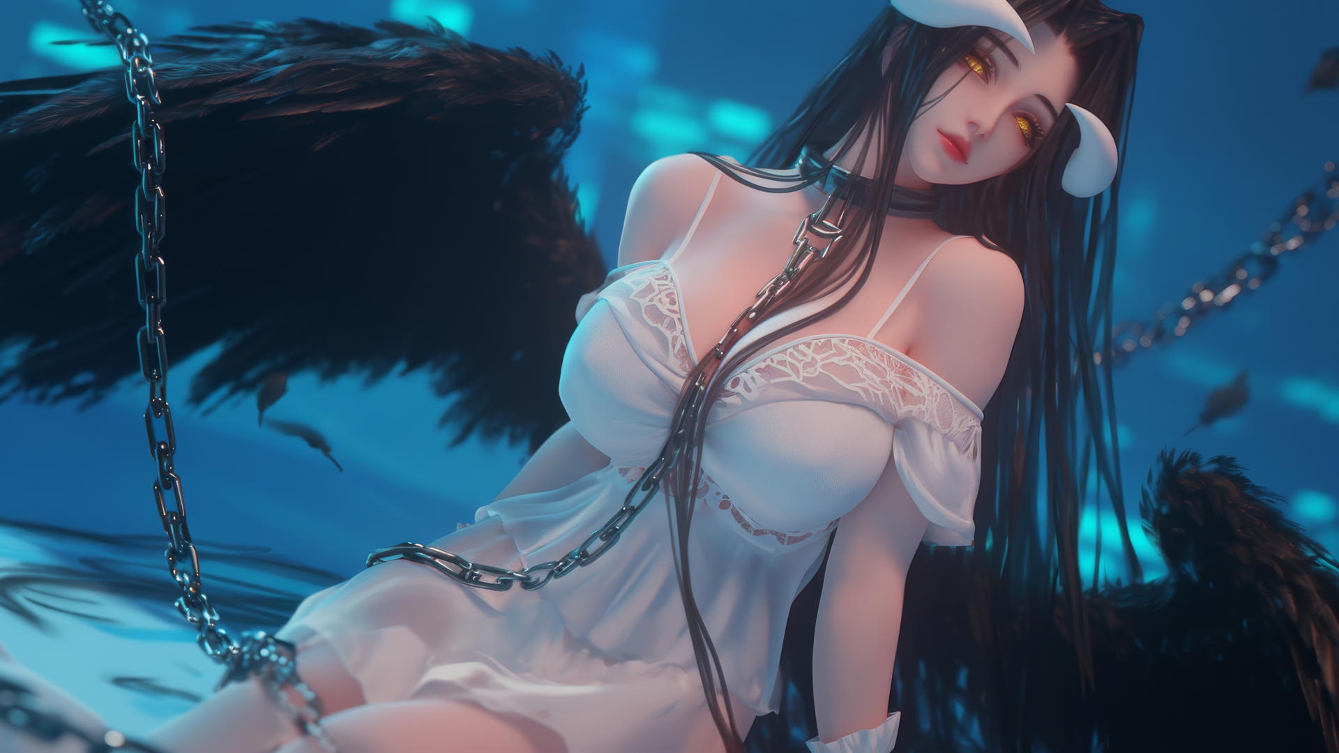 Albedo from Overlord chained in a modern hotel room, warm light, striking horns