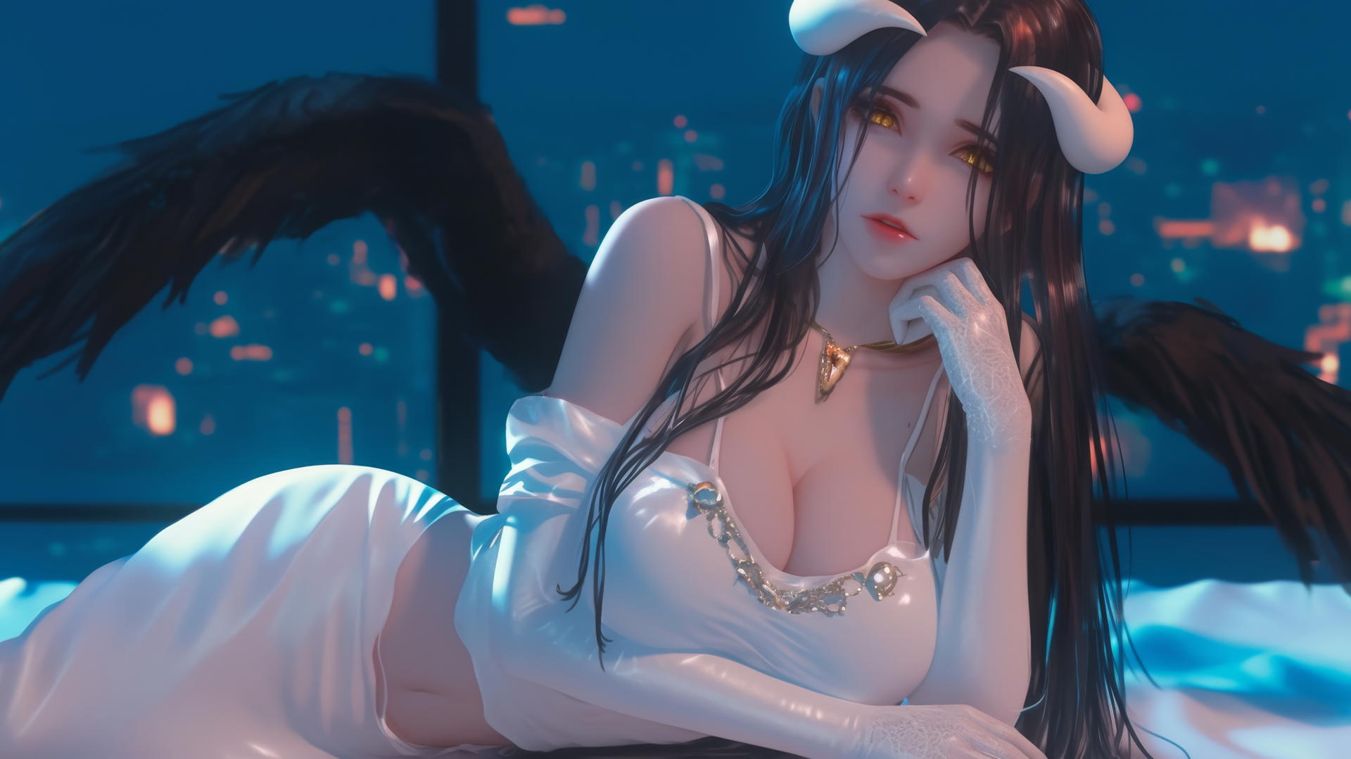 Albedo from Overlord in a modern hotel room with warm lighting, golden irises, and thick horns.