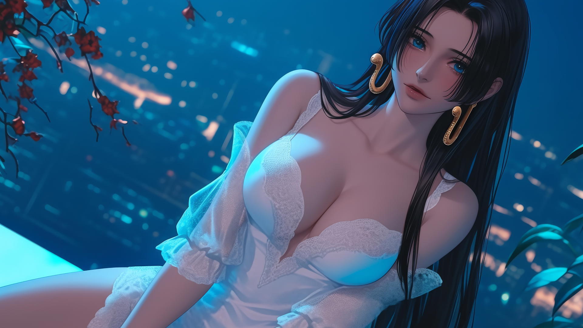 Boa Hancock from One Piece kneeling, looking down, in a modern hotel room with neon lights.