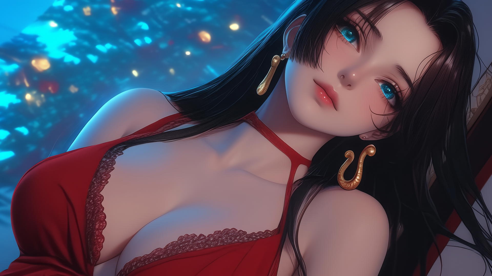 Boa Hancock from One Piece, in red, kneeling, neon-lit ceiling behind her.