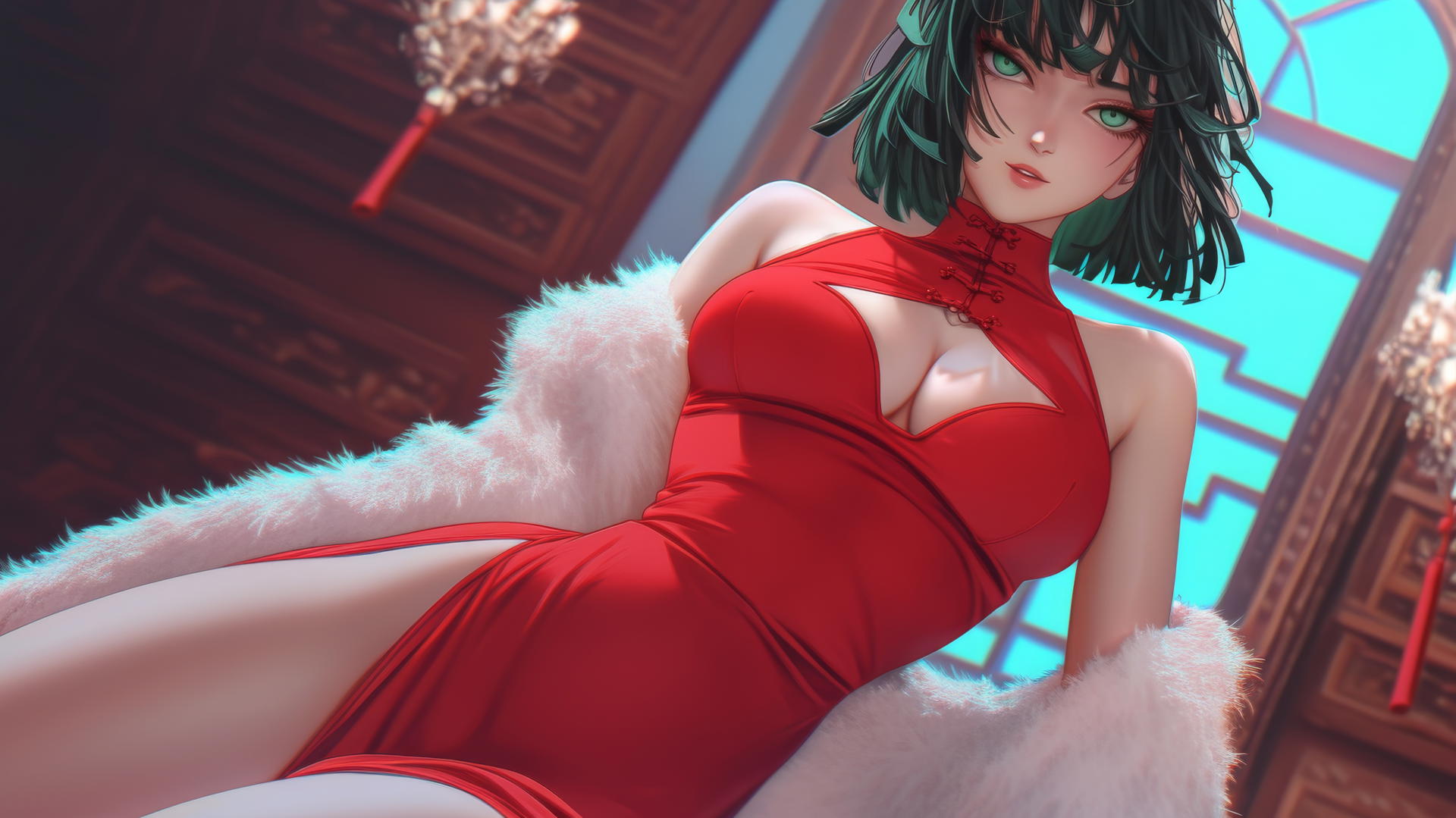 Fubuki from One Punch Man with dark green bob hairstyle and red outfit, seen from below, kneeling and looking down, neon-lit hotel ceiling background.