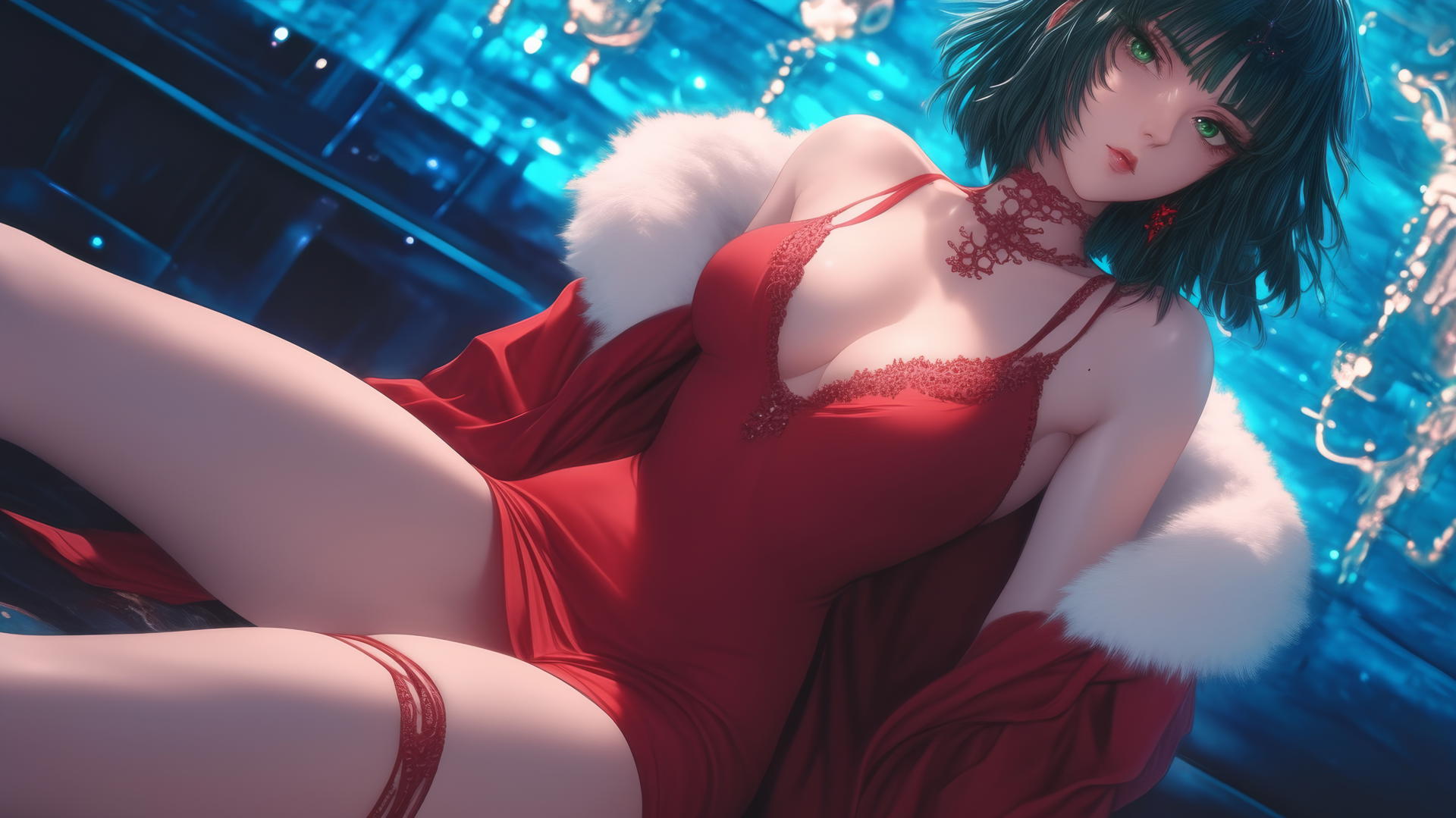 Fubuki from One Punch Man kneeling, wearing red, neon-lit hotel ceiling background