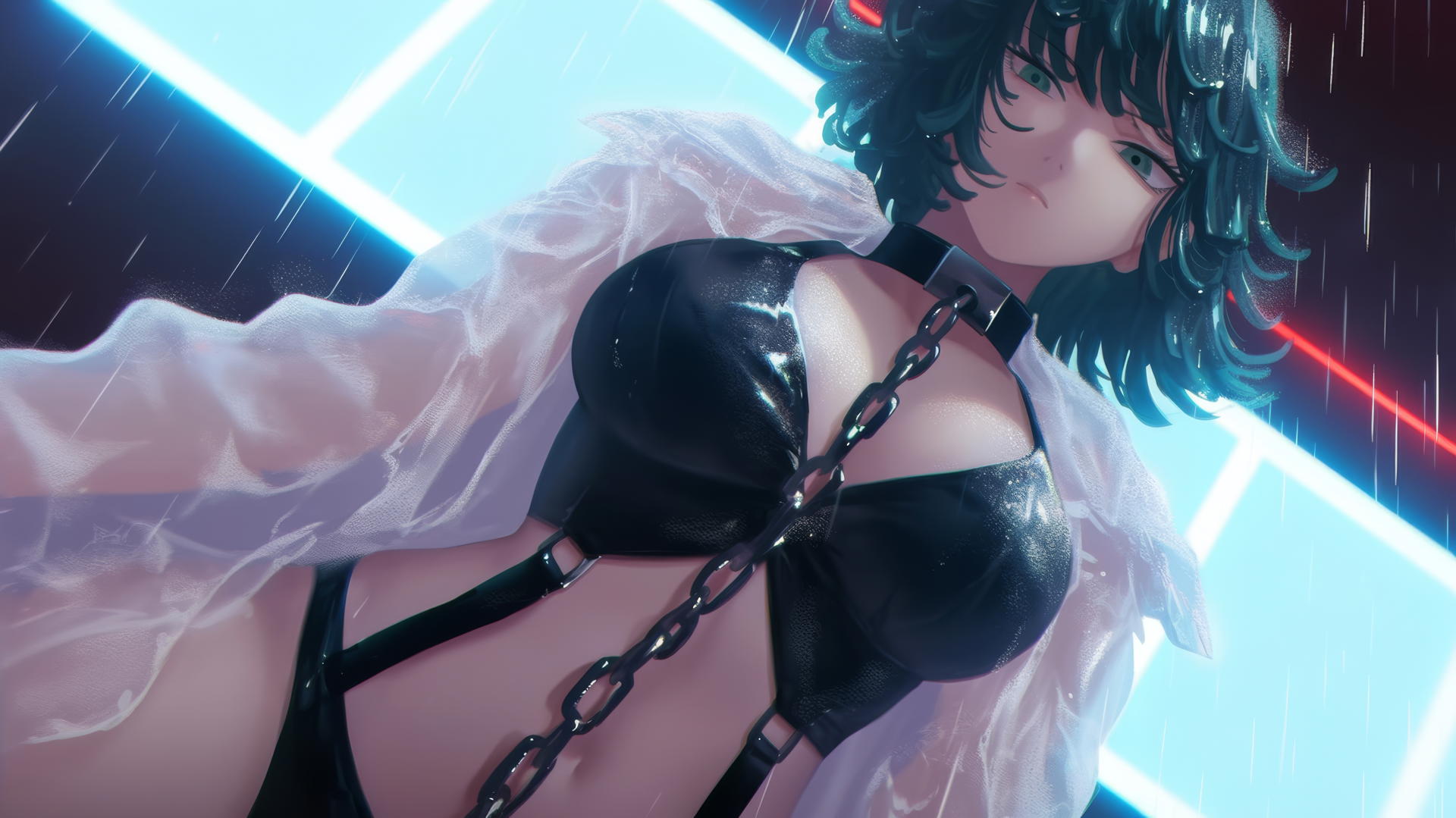Fubuki from One Punch Man kneels, chained, with neon-lit hotel ceiling.