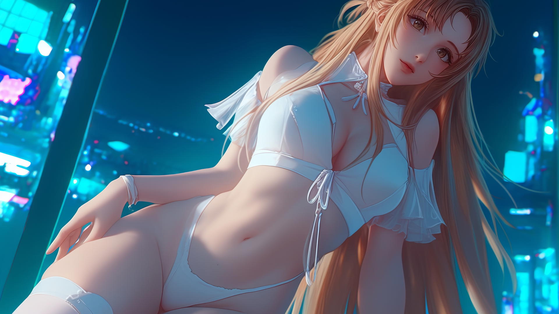 Asuna from Sword Art Online kneeling and looking down with hotel ceiling in background, illuminated by soft neon light.