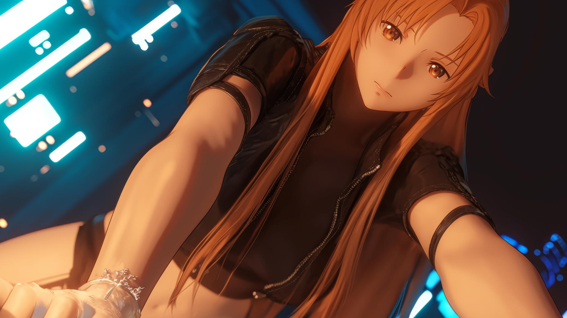 Asuna from Sword Art Online kneeling and leaning, with hotel ceiling as background, neon lights