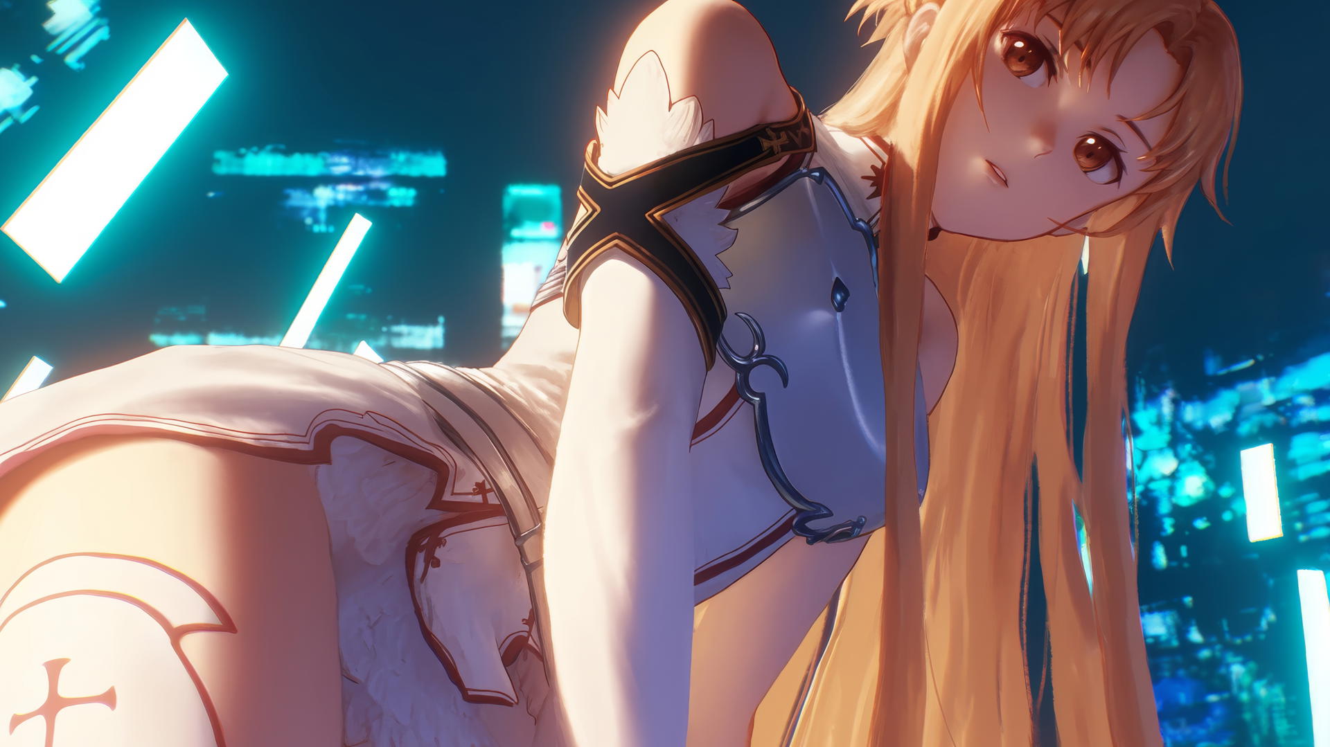 Asuna from Sword Art Online kneeling and looking down with neon light glow