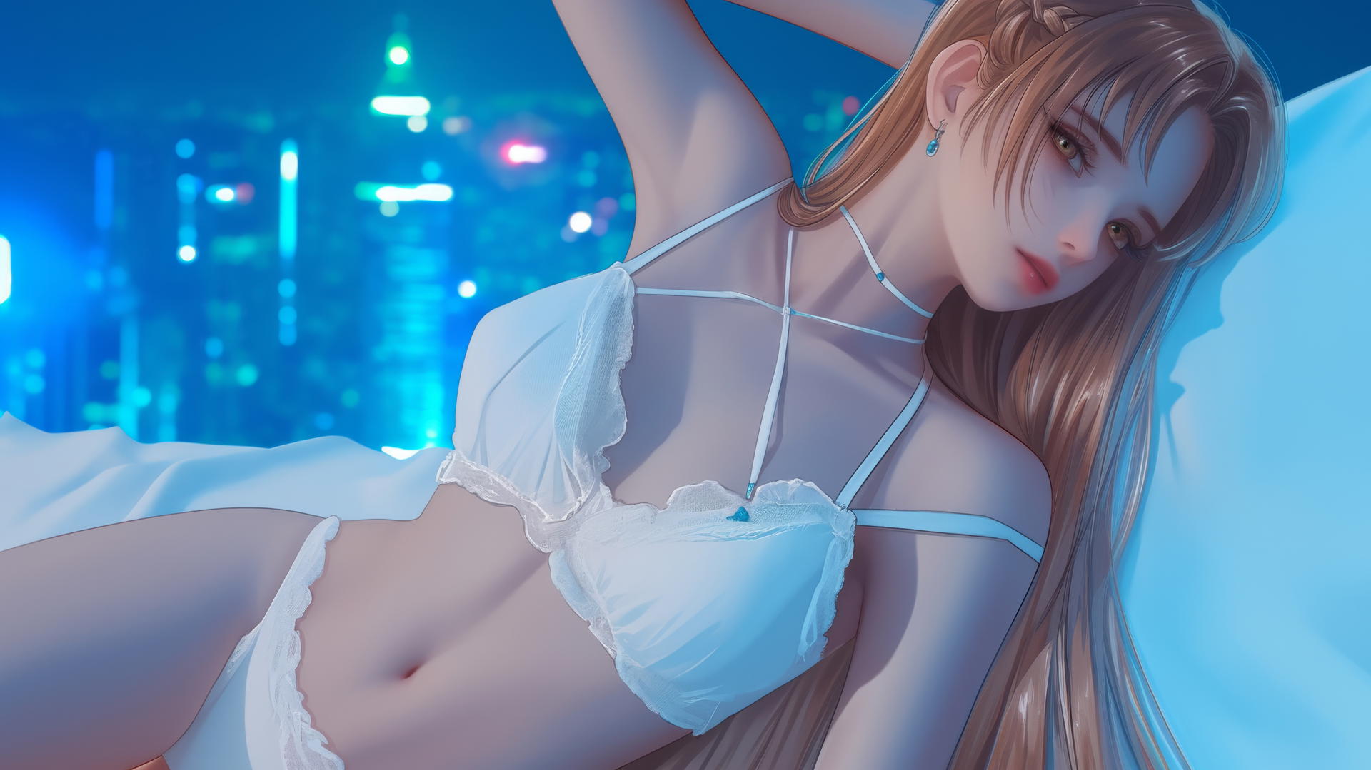 Asuna from Sword Art Online kneeling, looking up with neon light casting a soft glow.