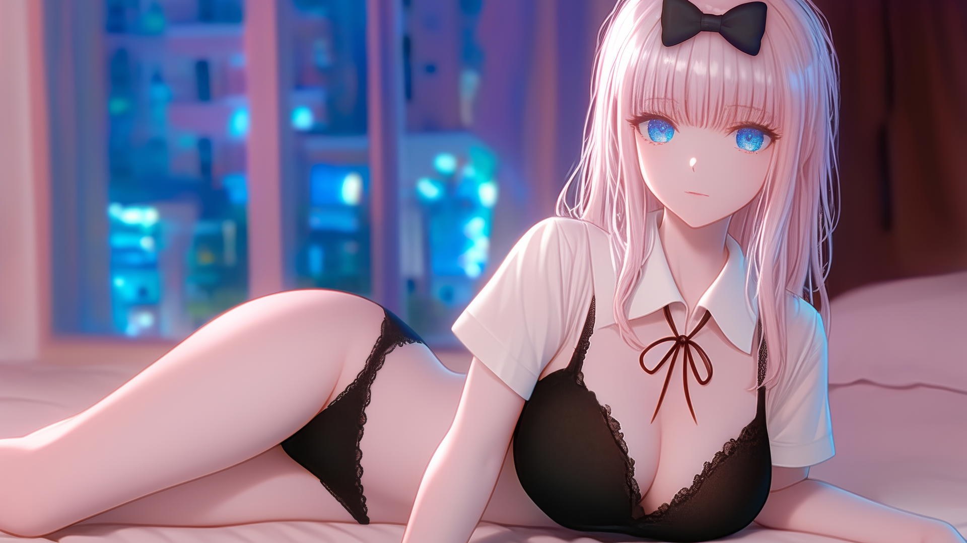 Chika Fujiwara resting in a modern hotel room with neon light glow.