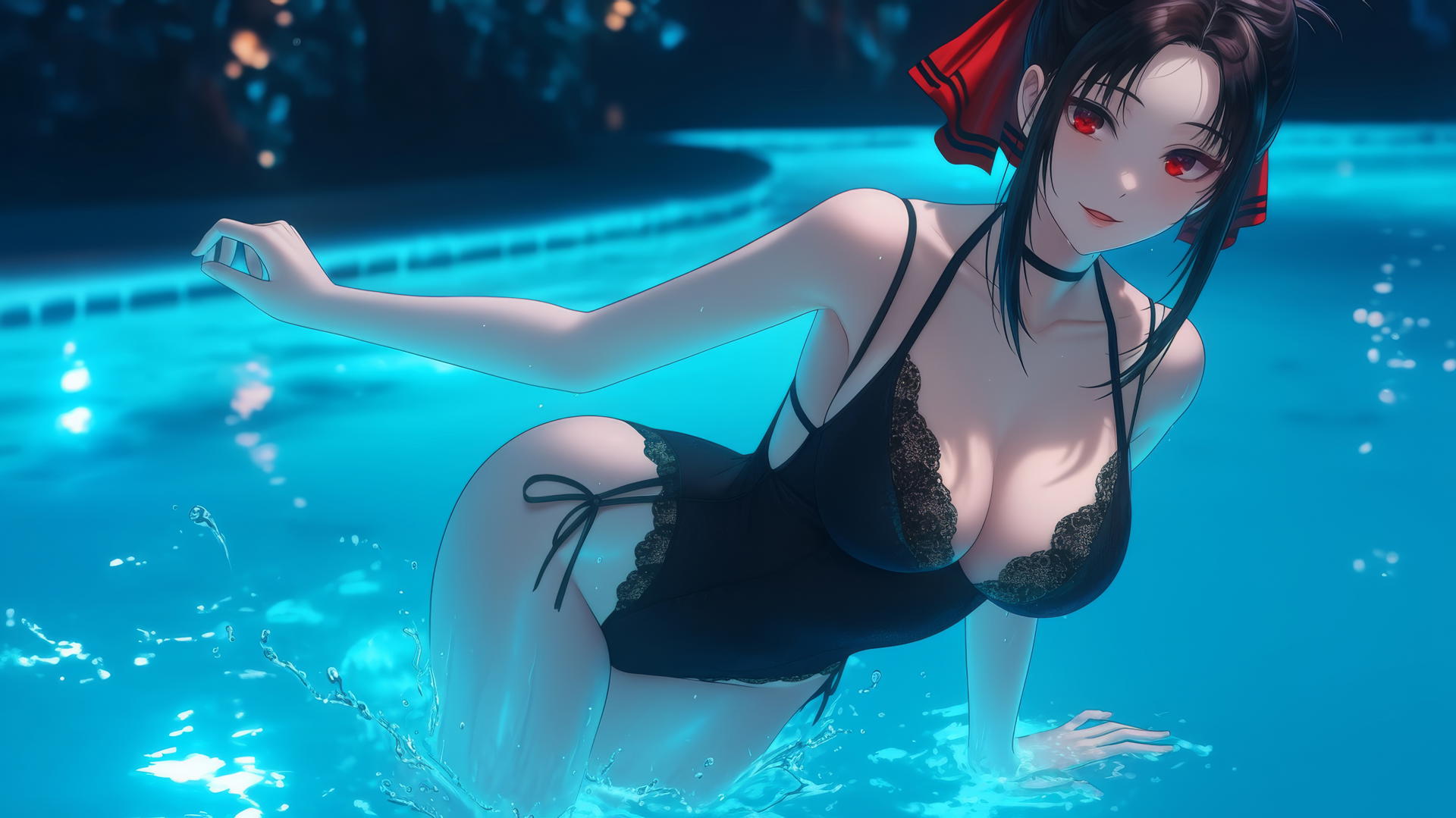 Kaguya Shinomiya with red eyes, wearing red, jumping out of a swimming pool under moonlight.