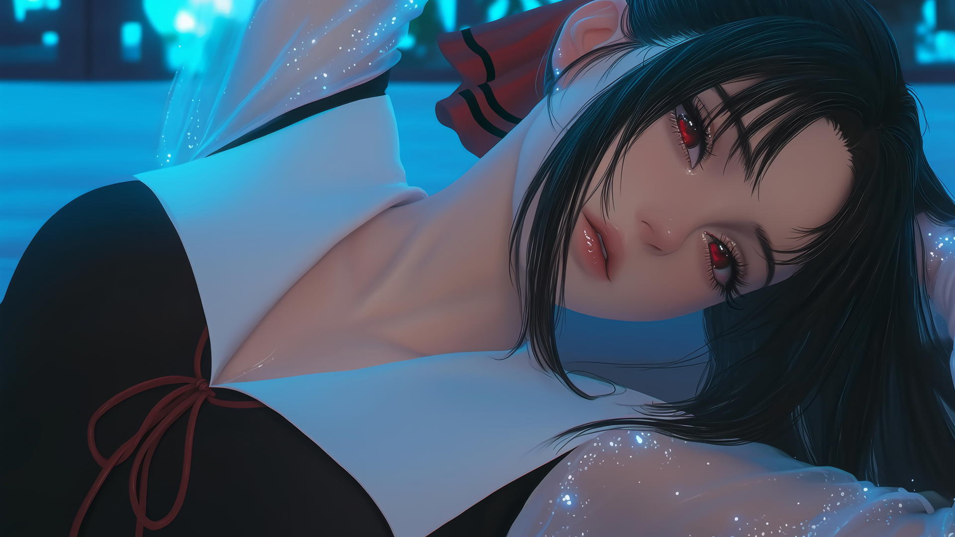 Kaguya Shinomiya kneeling with red eyes, neon light glow, seen from below