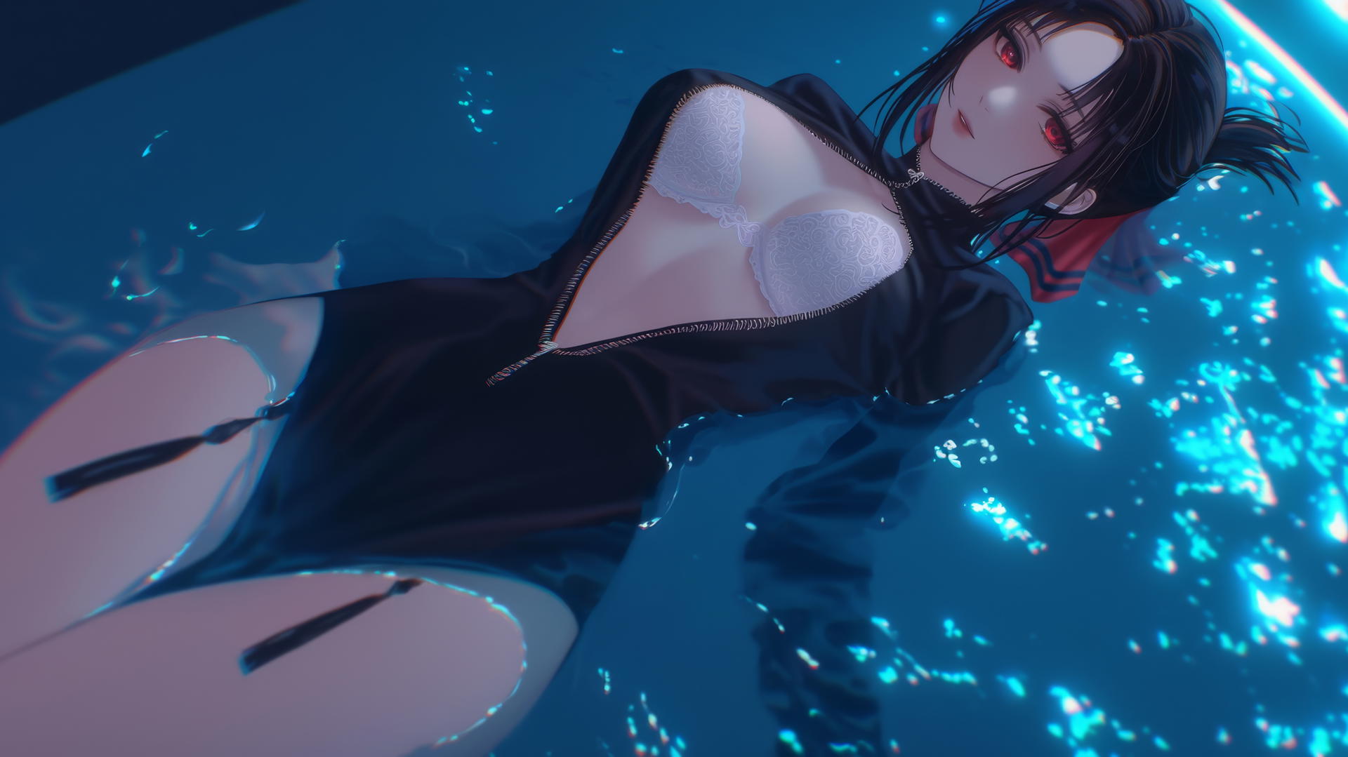 Kaguya Shinomiya kneeling, red eyes, neon ceiling lights,