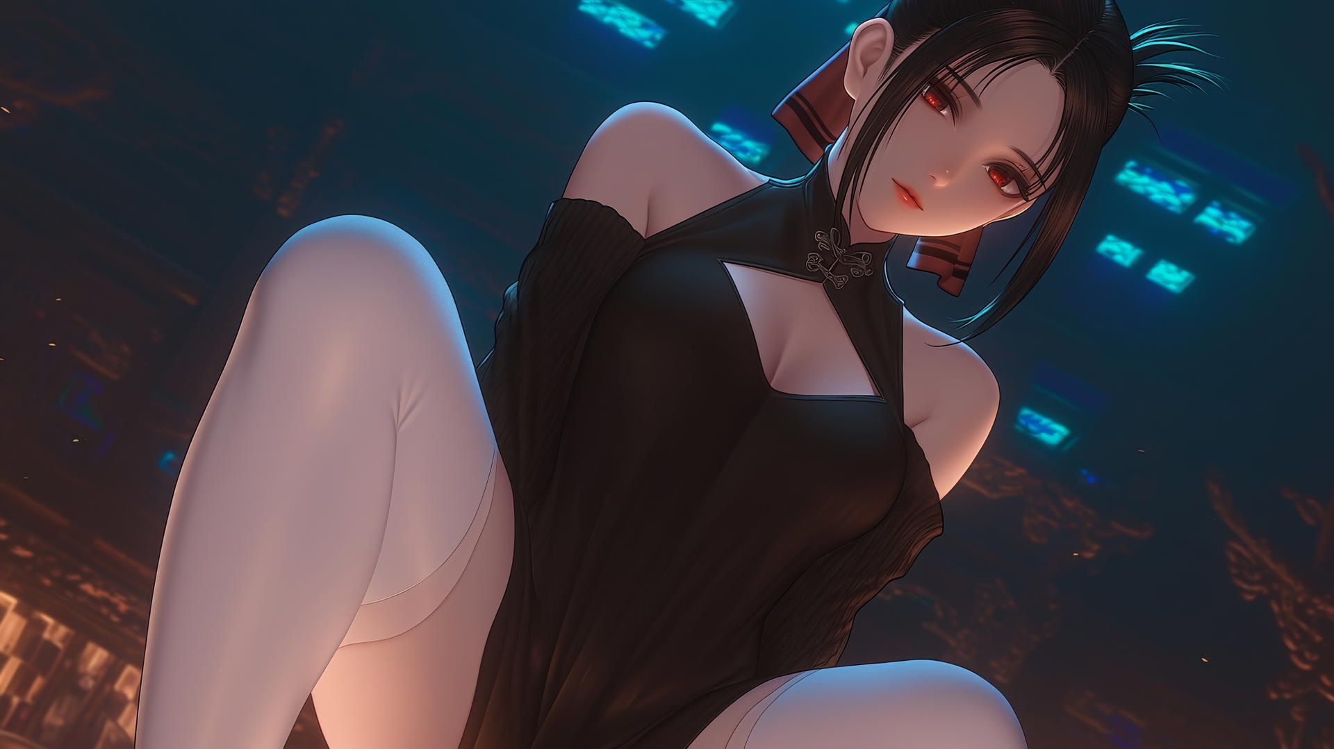Kaguya Shinomiya with red eyes in broken sweater under neon light