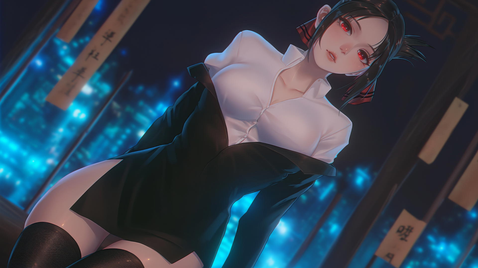 Kaguya Shinomiya kneeling in worn-out office shirt with red eyes, neon glow