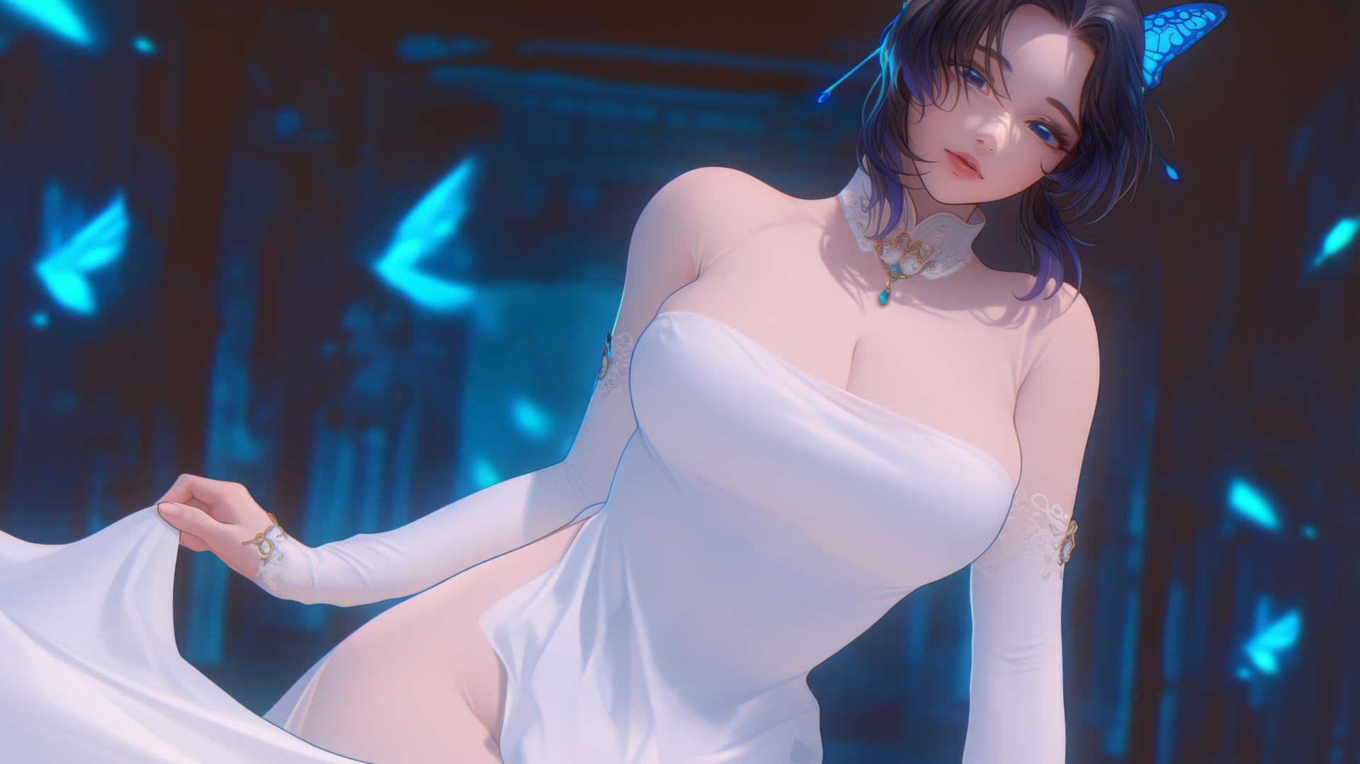 Shinobu Kocho from Demon Slayer in a wedding dress, kneeling, with a hotel ceiling and neon lights