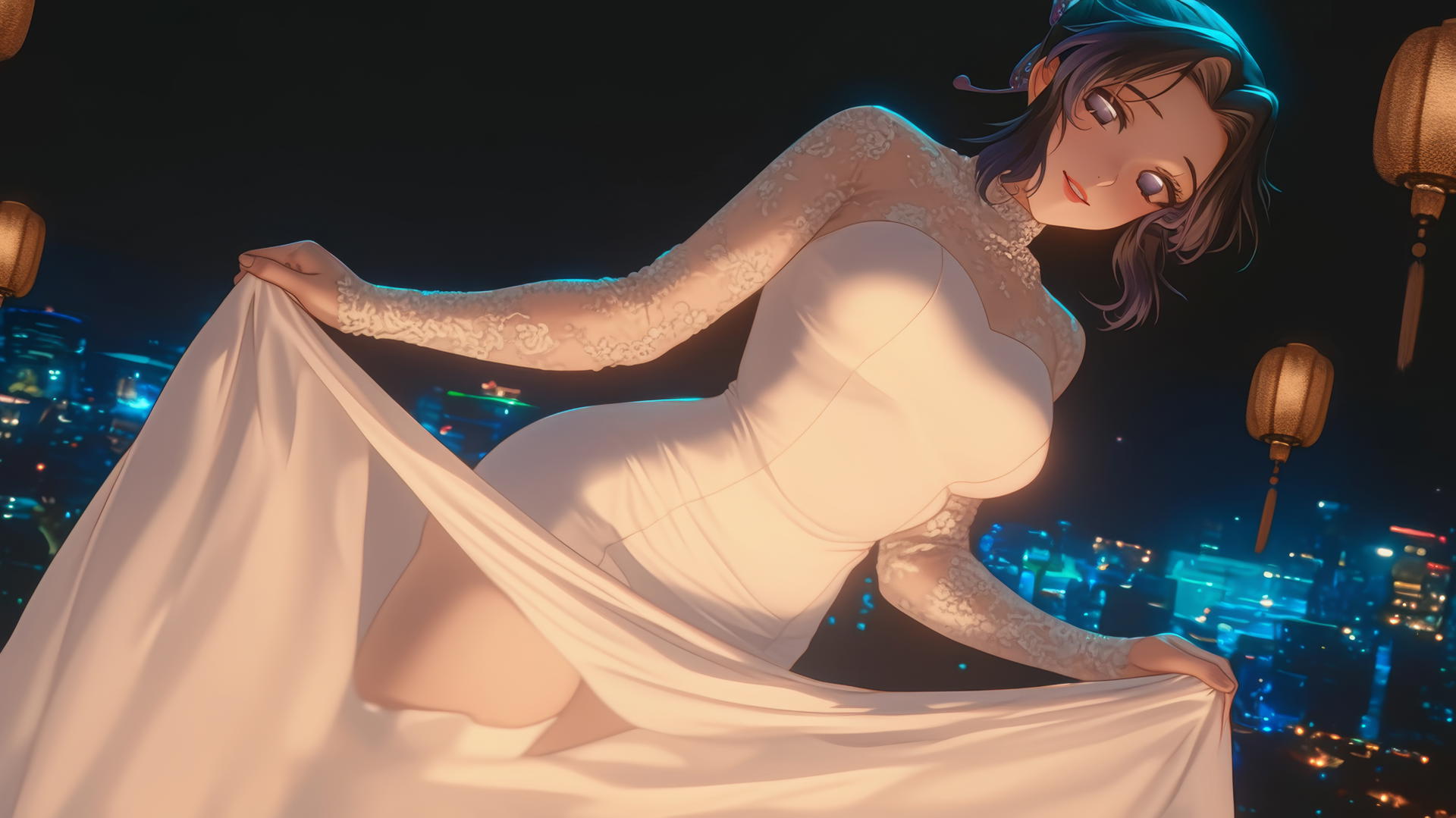 Shinobu Kocho from Demon Slayer in a wedding dress, under warm neon light, looking down.
