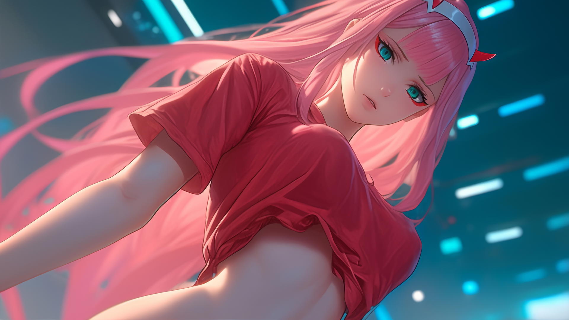 Zero Two from DARLING in the FRANXX seen from below with long pink hair, kneeling and looking down, warm neon-lit hotel ceiling.