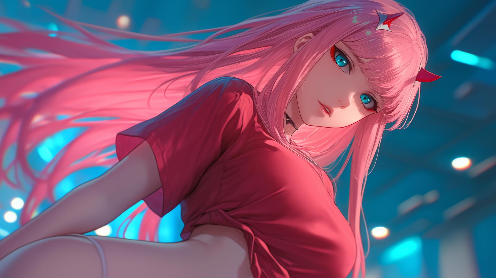 Zero Two from DARLING in the FRANXX, long pink hair, kneeling, warm and neon light