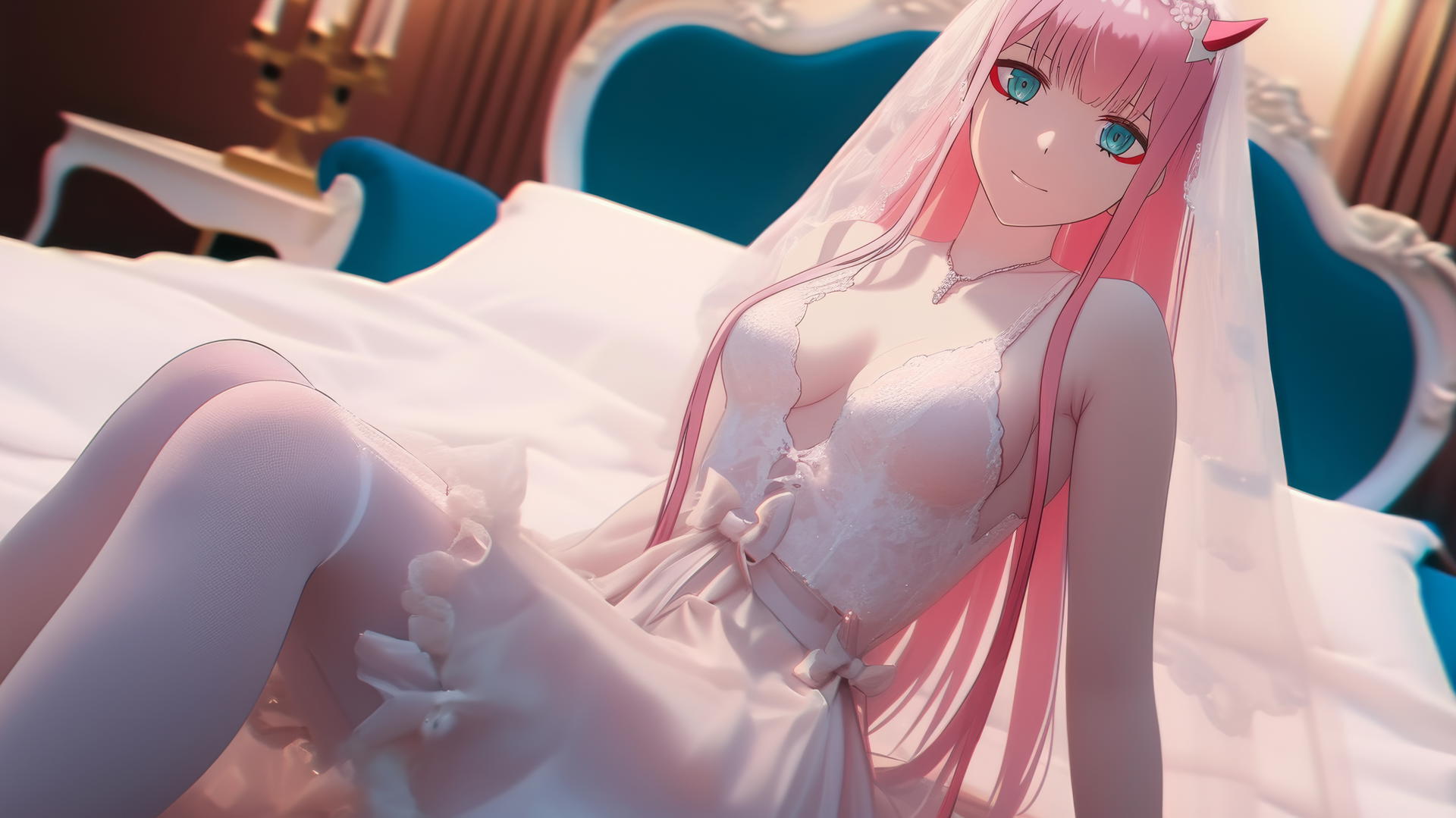Zero Two from DARLING in the FRANXX kneeling, in a wedding dress, looking down