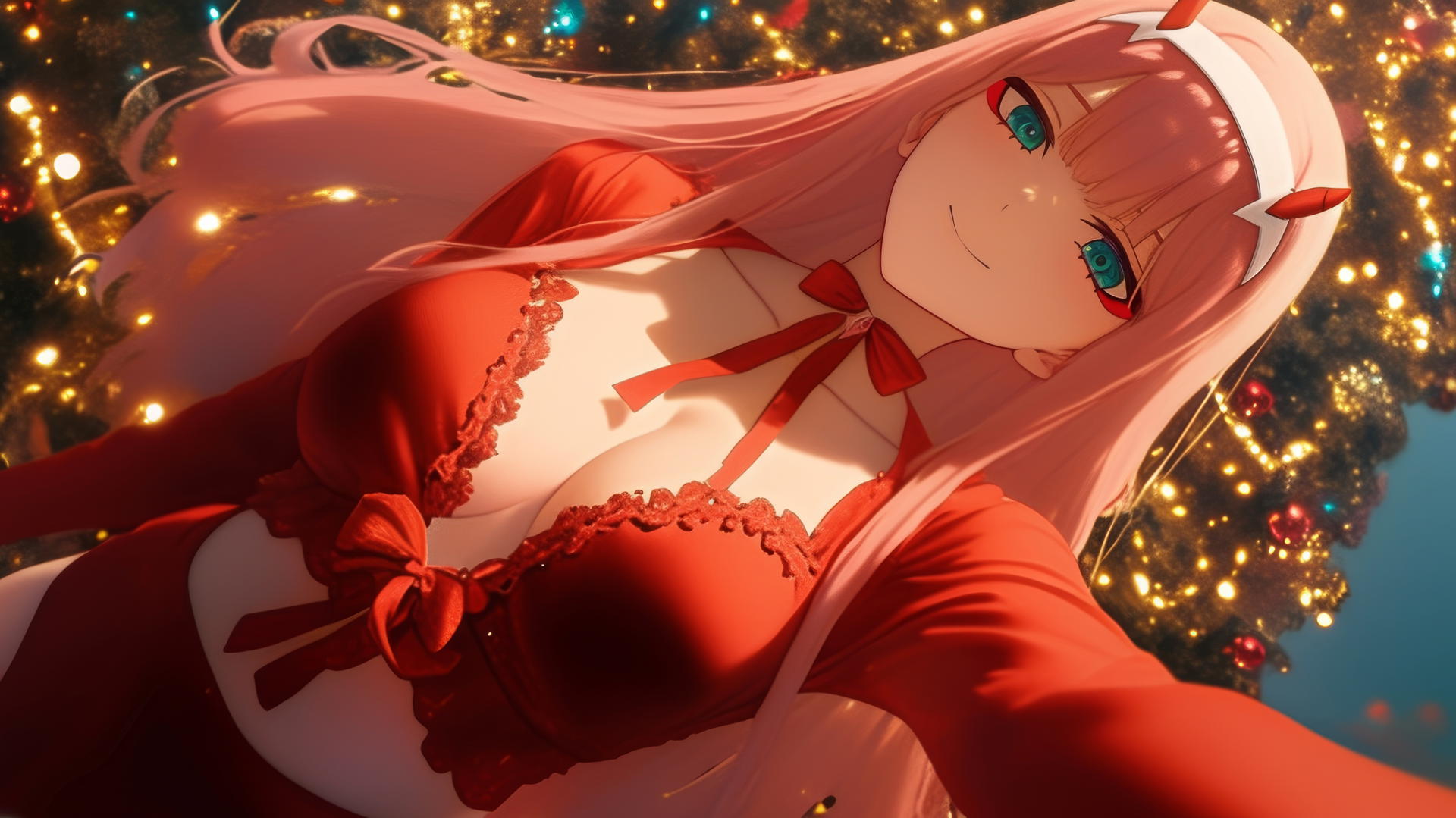 Zero Two from DARLING in the FRANXX, kneeling with pink hair, in a Christmas outfit, under warm and neon lights.