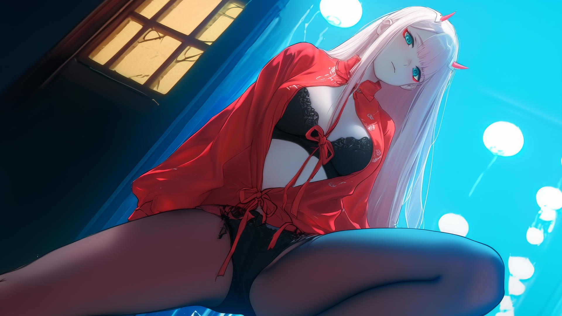 Zero Two from DARLING in the FRANXX, kneeling, with long pink hair, under a hotel ceiling with warm and neon lights.