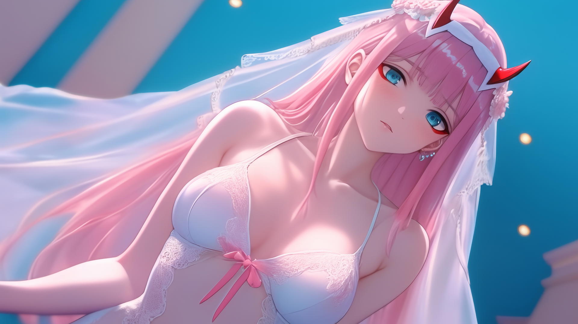 Zero Two from DARLING in the FRANXX kneeling in wedding dress, neon-lit hotel ceiling