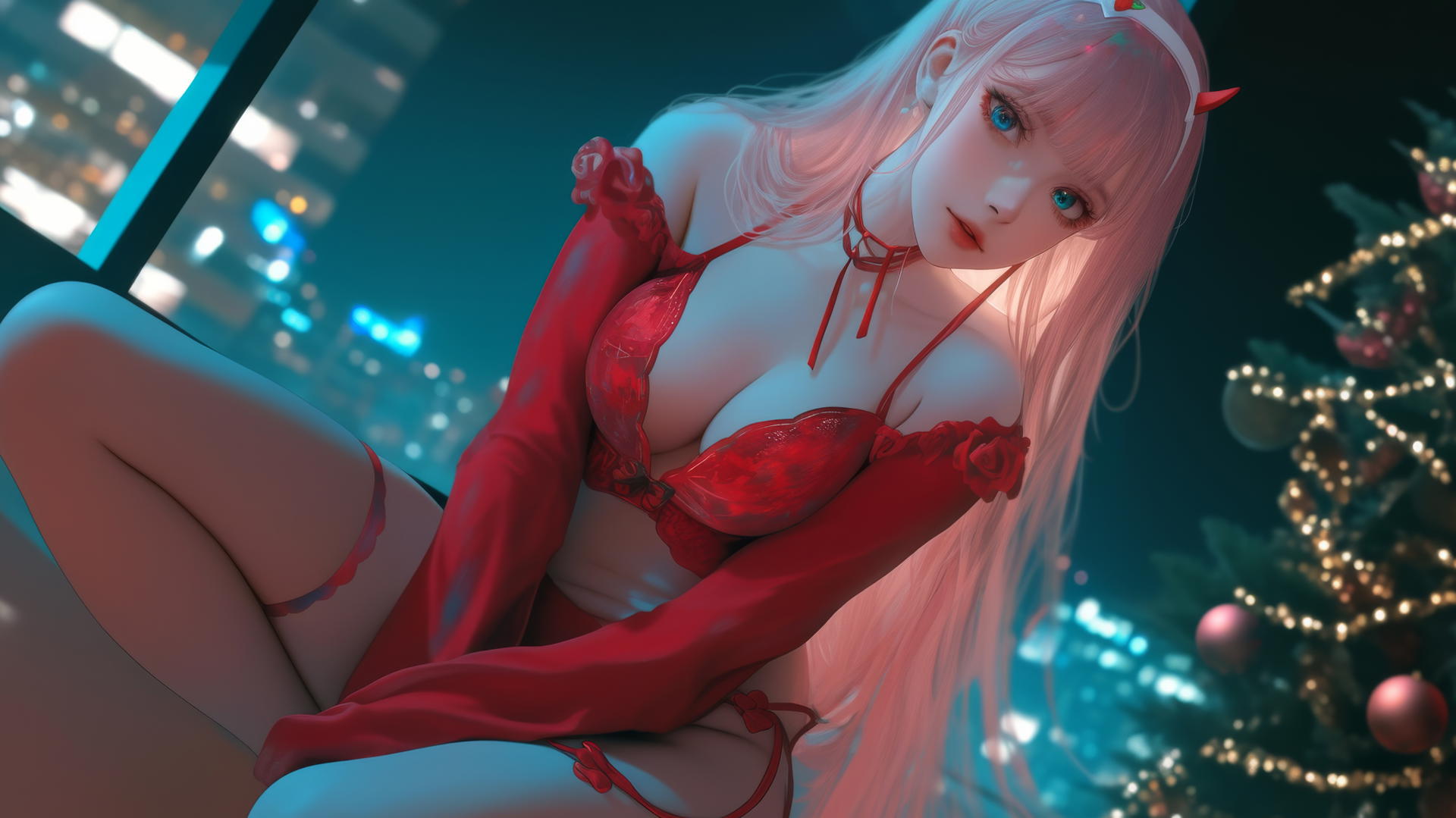 Zero Two from DARLING in the FRANXX kneeling, looking straight down with long pink hair and soft glow