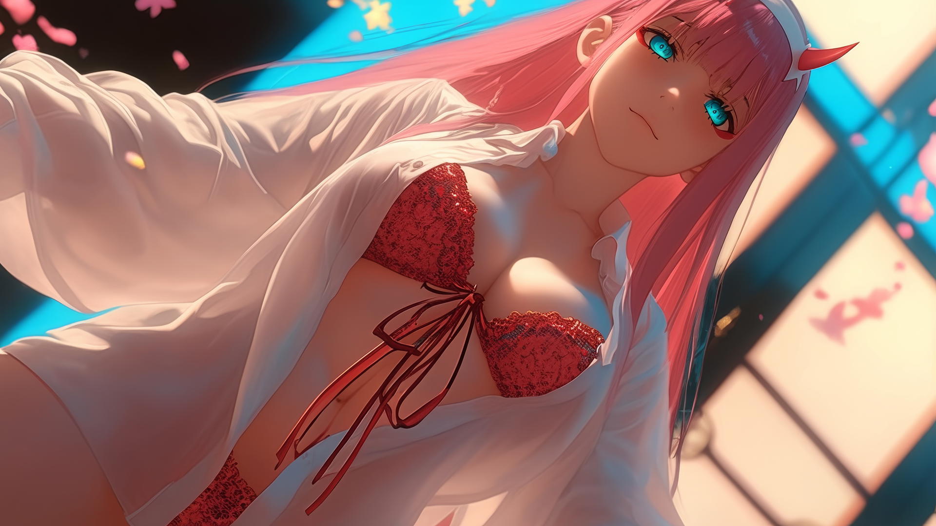 Zero Two from Darling in the Franxx kneeling with a hotel ceiling background, looking down.