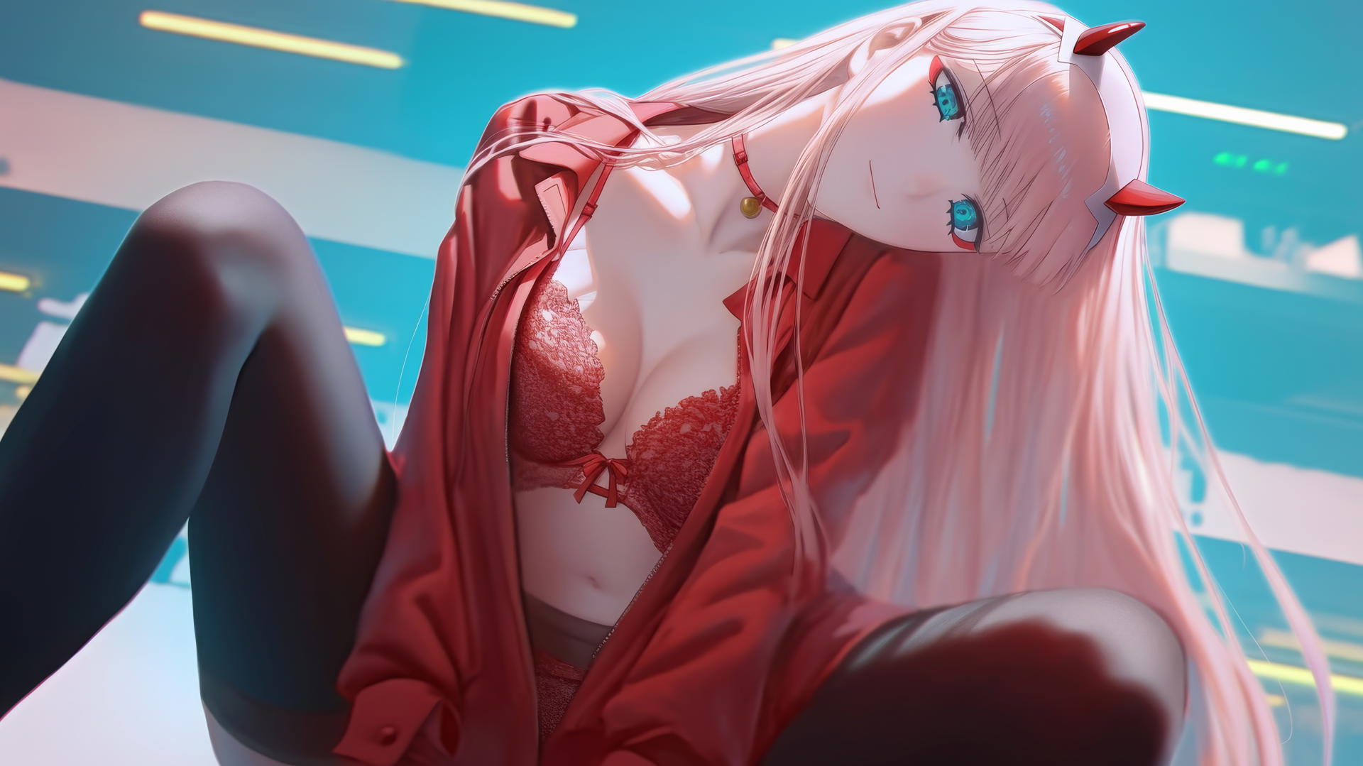 Zero Two from DARLING in the FRANXX, kneeling with pink hair, neon-lit hotel ceiling