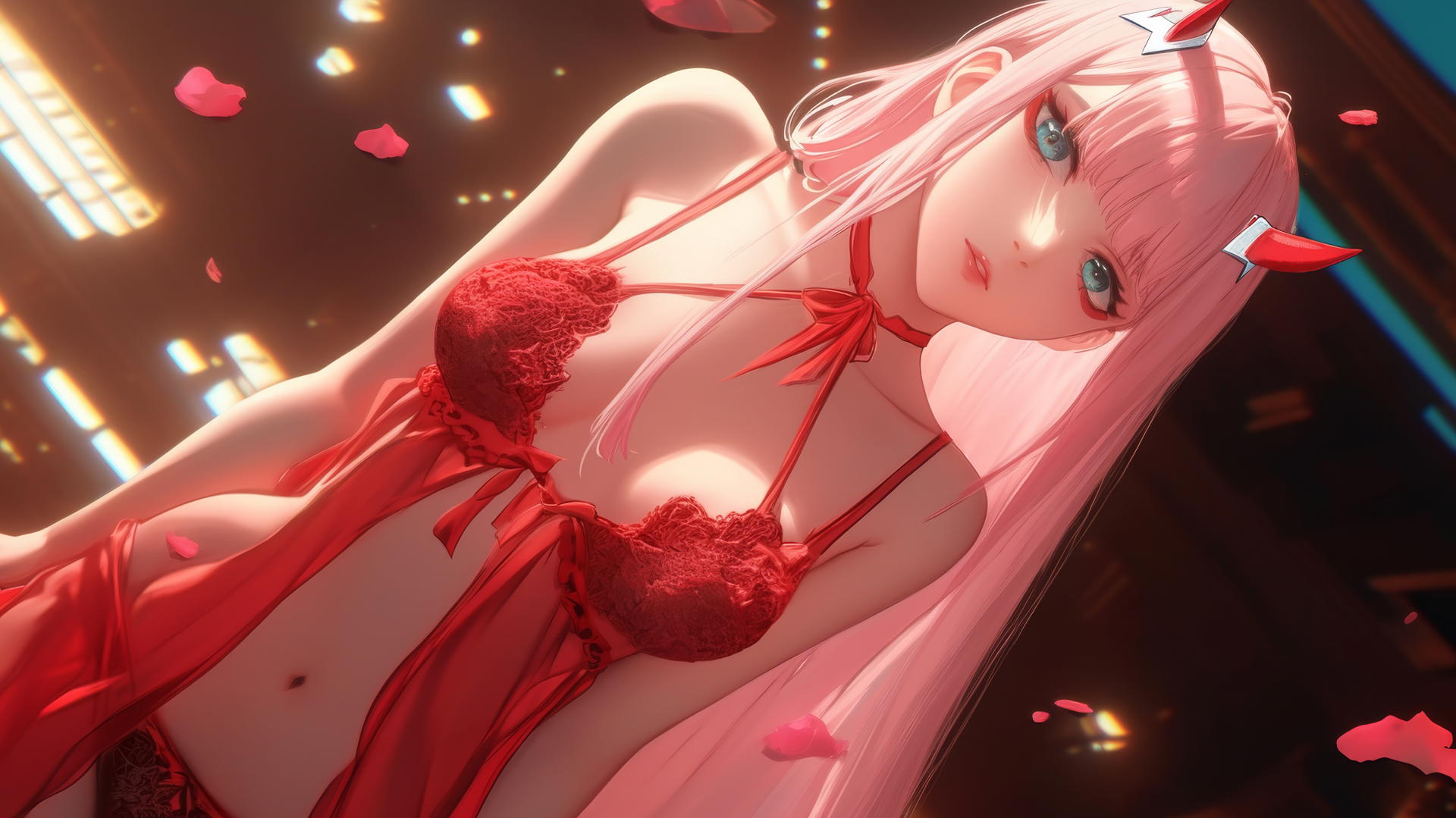 Zero Two from DARLING in the FRANXX kneeling, leaning forward with long pink hair under a warm, neon-lit hotel ceiling.