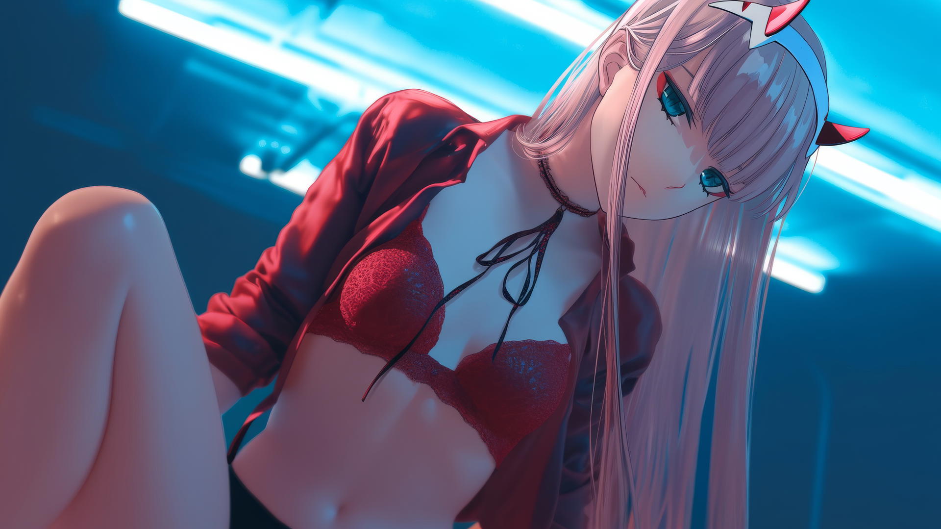 Zero Two from DARLING in the FRANXX, kneeling, seen from below with neon-lit hotel ceiling.