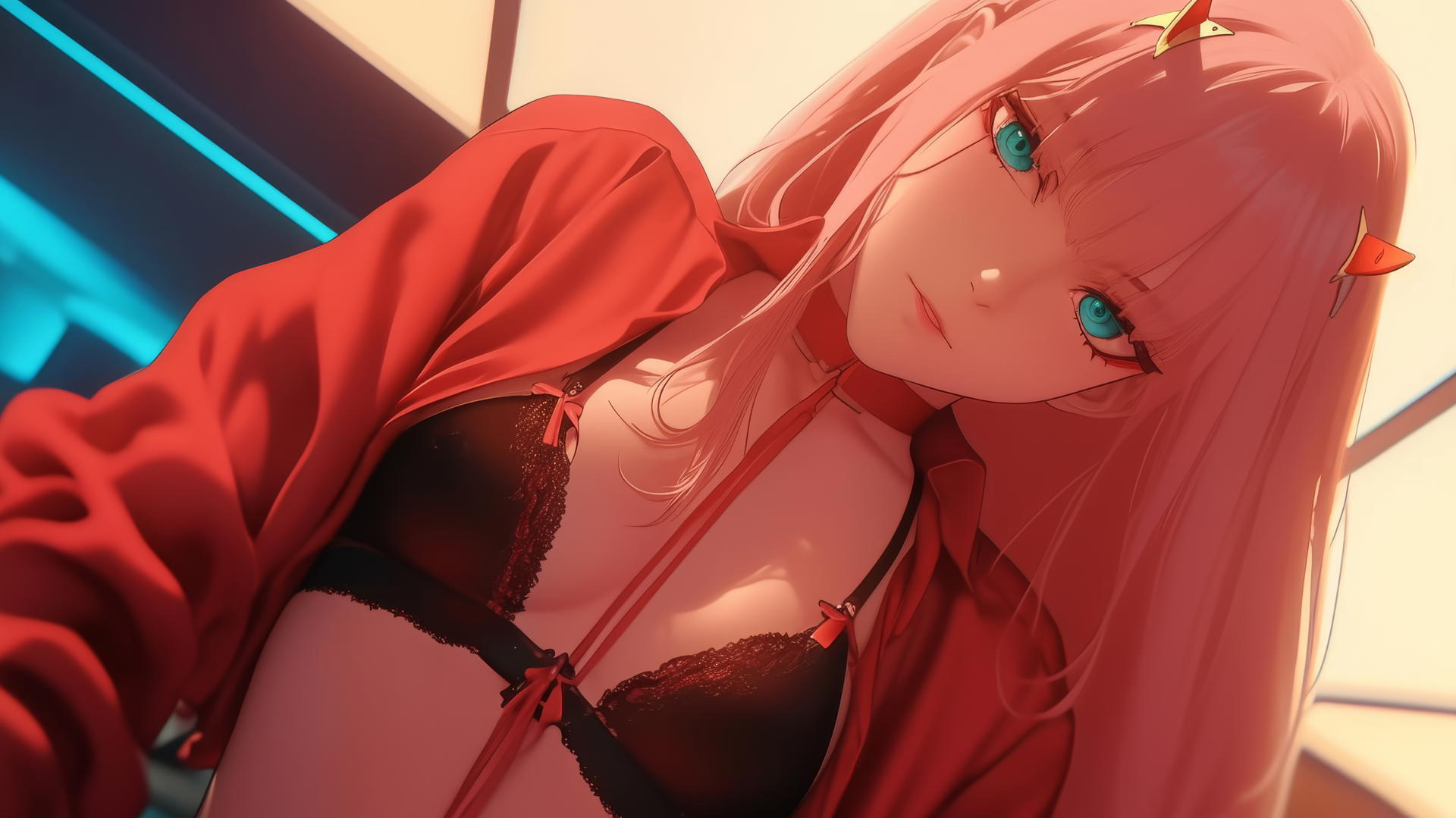 Zero Two from DARLING in the FRANXX kneeling with long pink hair, hotel ceiling background