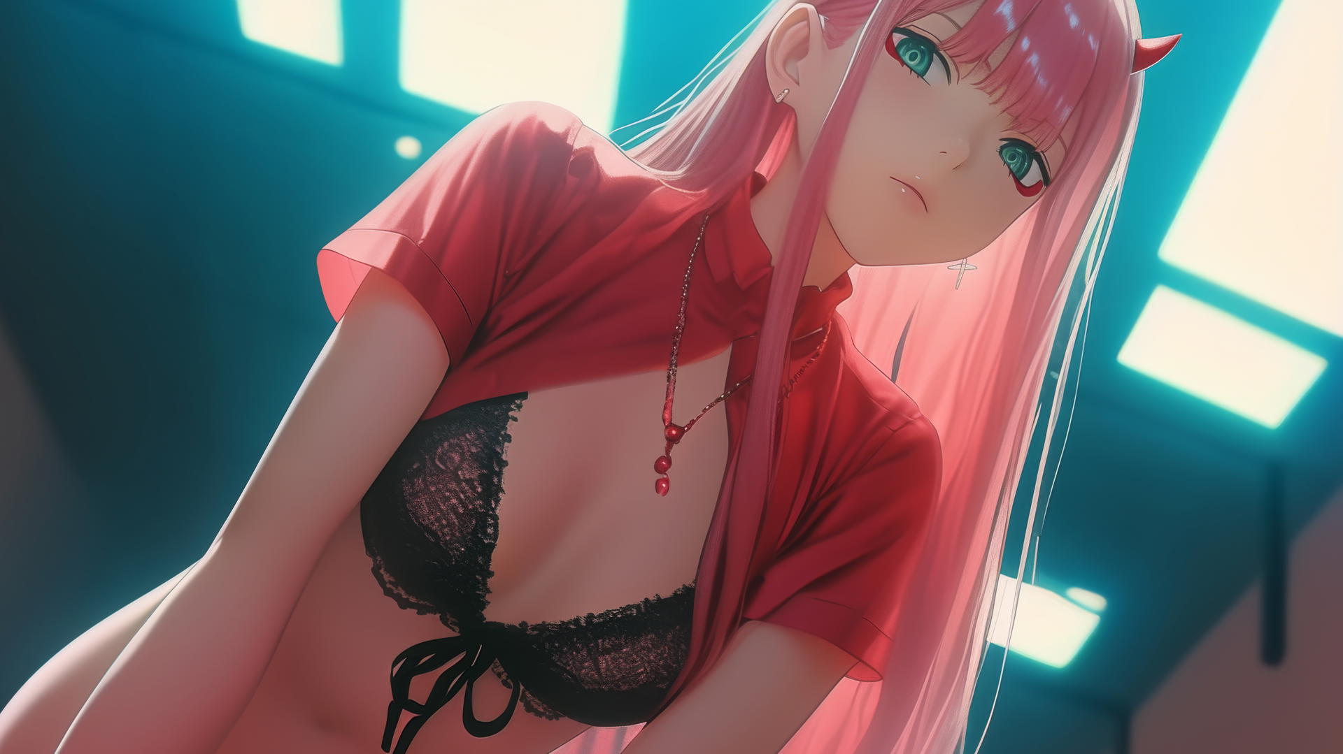 Zero Two from DARLING in the FRANXX kneeling with pink hair, looking down, hotel ceiling behind.