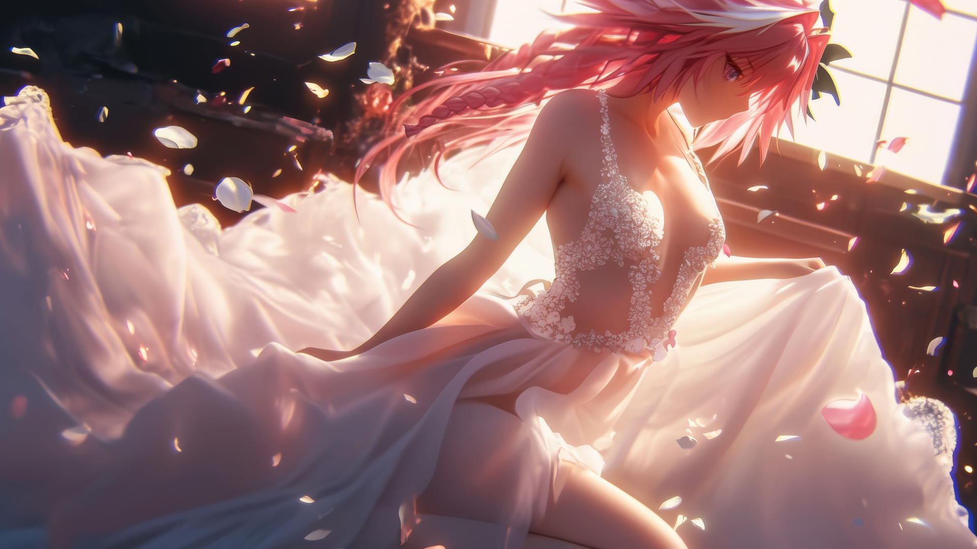 Astolfo from Type Moon in a wedding dress, kneeling and leaning forward, with a glowing warm light.