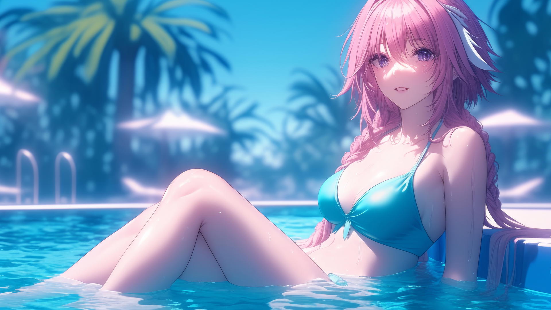 Astolfo from Type Moon resting by a swimming pool under moonlight