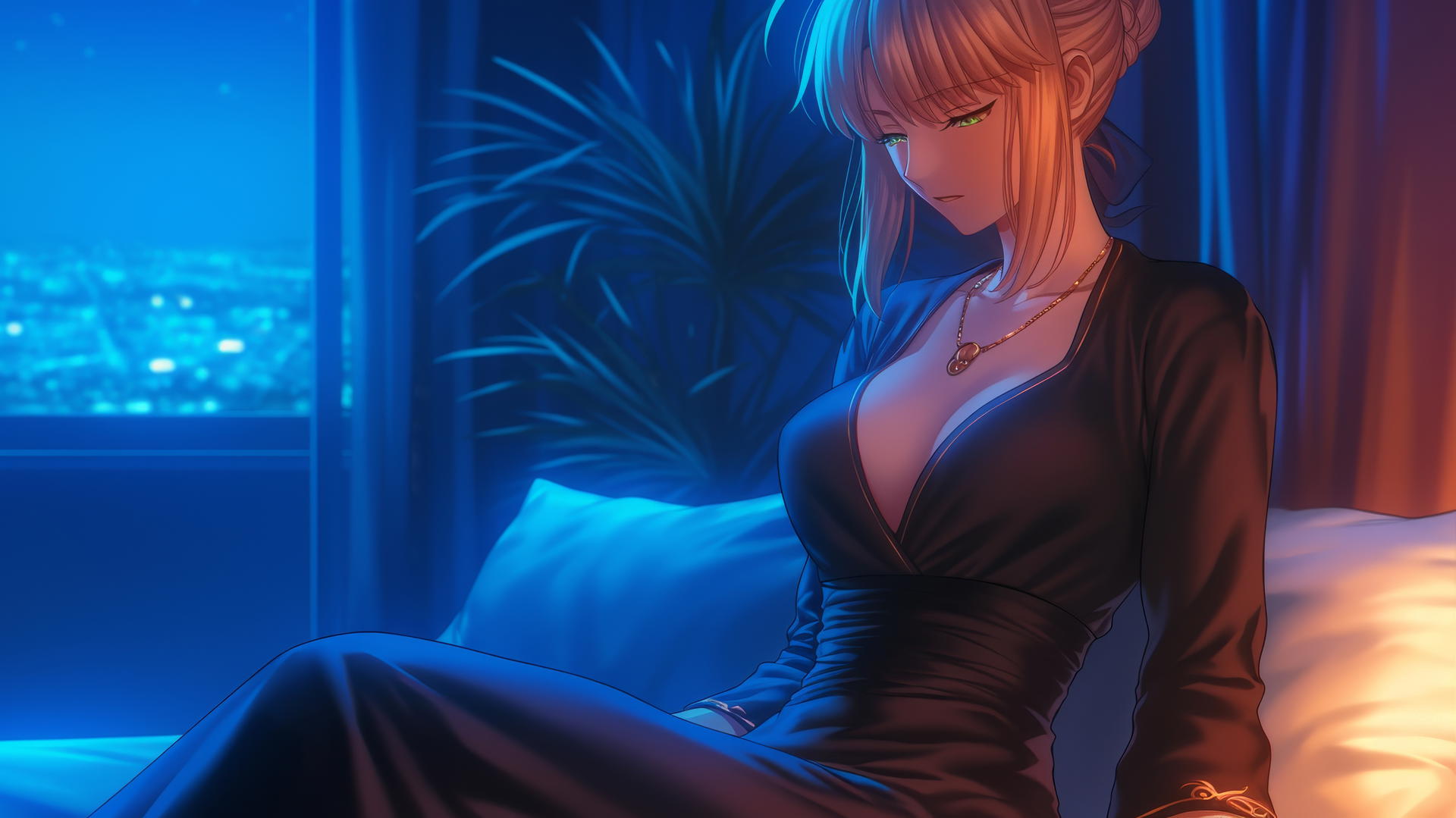 Saber from Fate Zero with green eyes resting in a modern hotel room under moonlight.