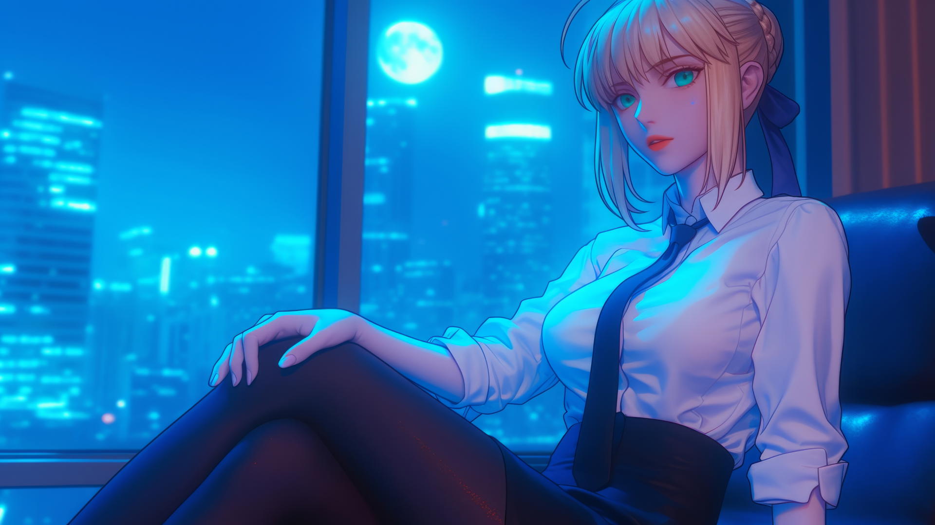 Saber from Fate Zero with green eyes resting in a modern hotel room under moonlight.