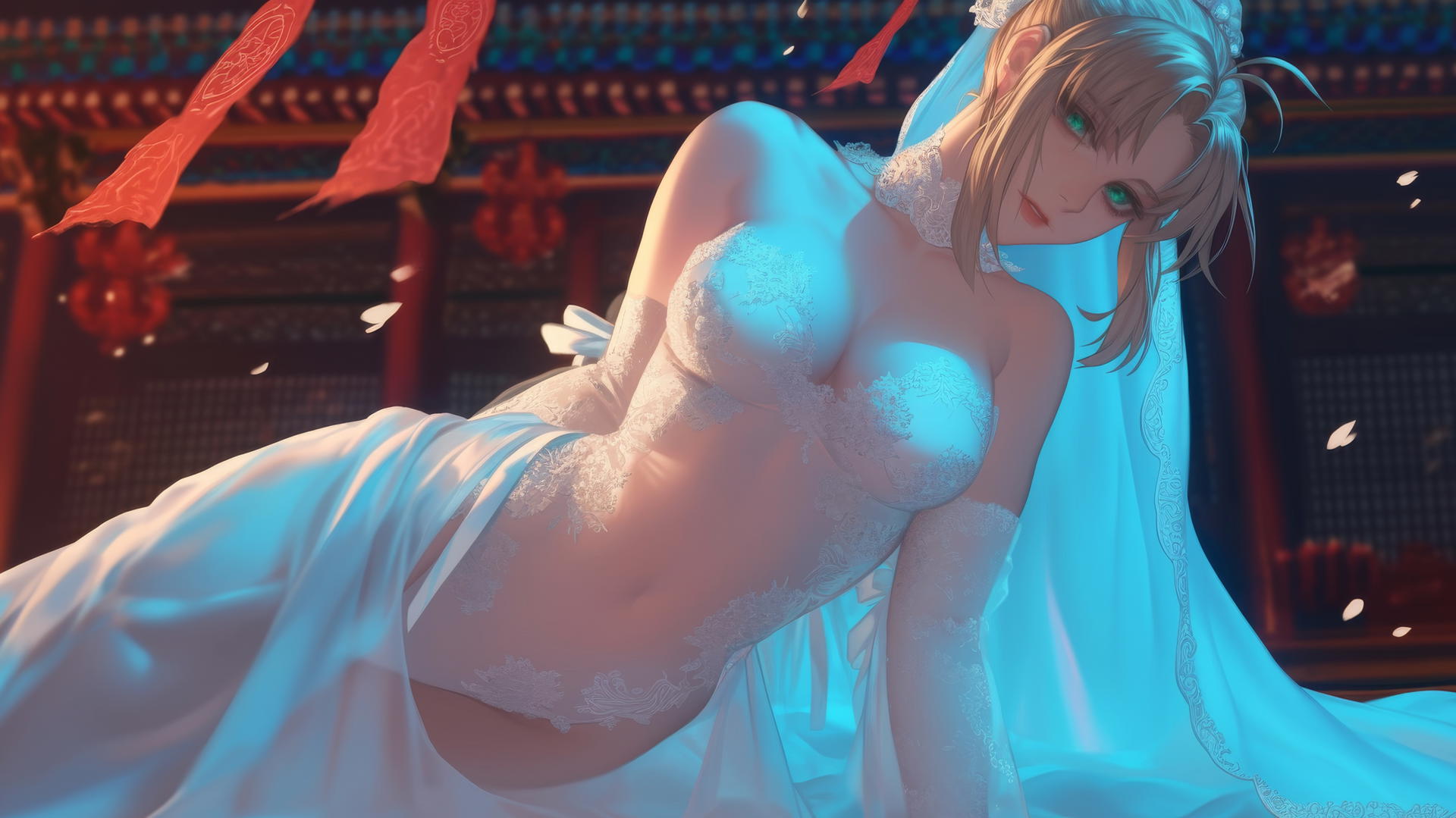 Saber from Fate Zero in a wedding dress, kneeling and leaning down with green eyes in warm light